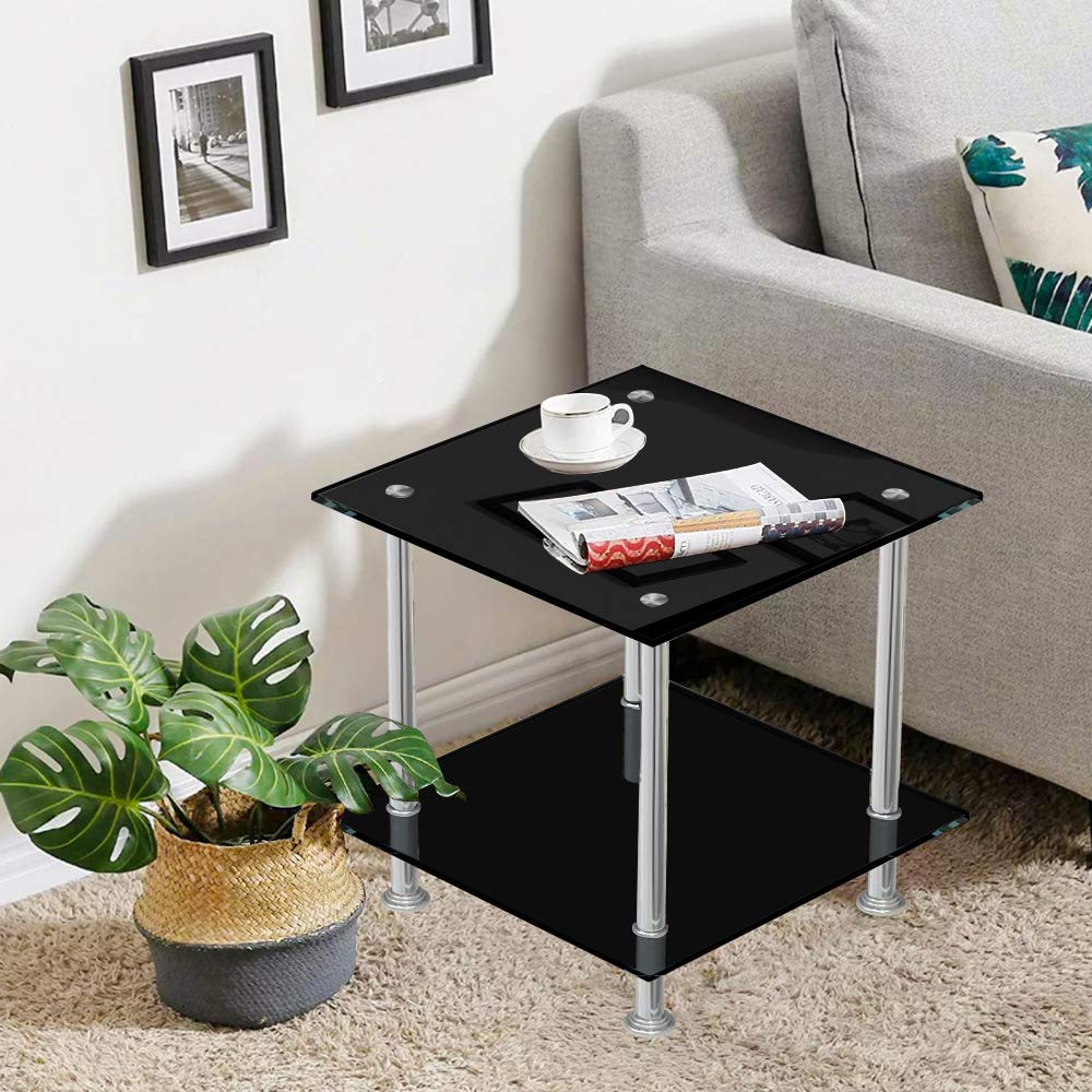 Modern Corner Sofa Side Table with Storage Shelf - 2-Tier Square End Table, Tempered Glass Top & Chrome Legs - Perfect for Living Room, Bedroom, or as Nightstand (Black) | Compact Coffee Table for Small Spaces, Tea Table for Home Decor