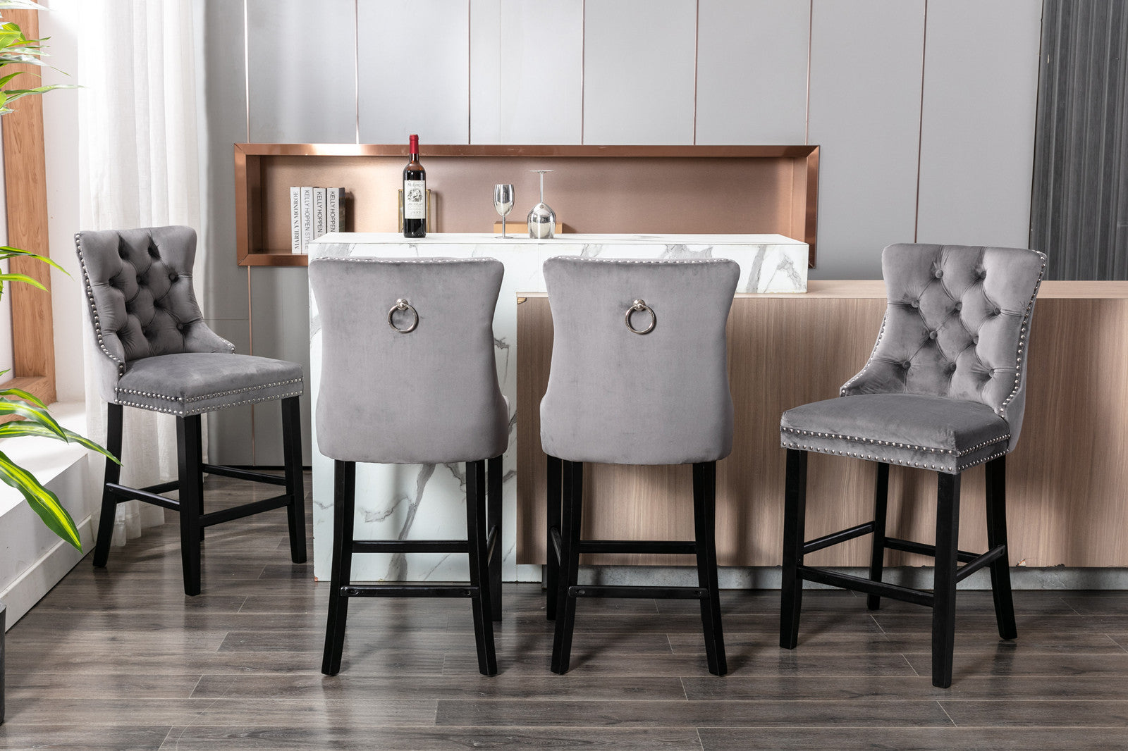 Contemporary Velvet Upholstered Bar Stools with Button Tufted Back & Wooden Legs - Set of 2 Gray Bar Chairs with Chrome Nailhead Trim for Kitchen Island, Breakfast Nook & Home Bar Decor (SW1902GY)
