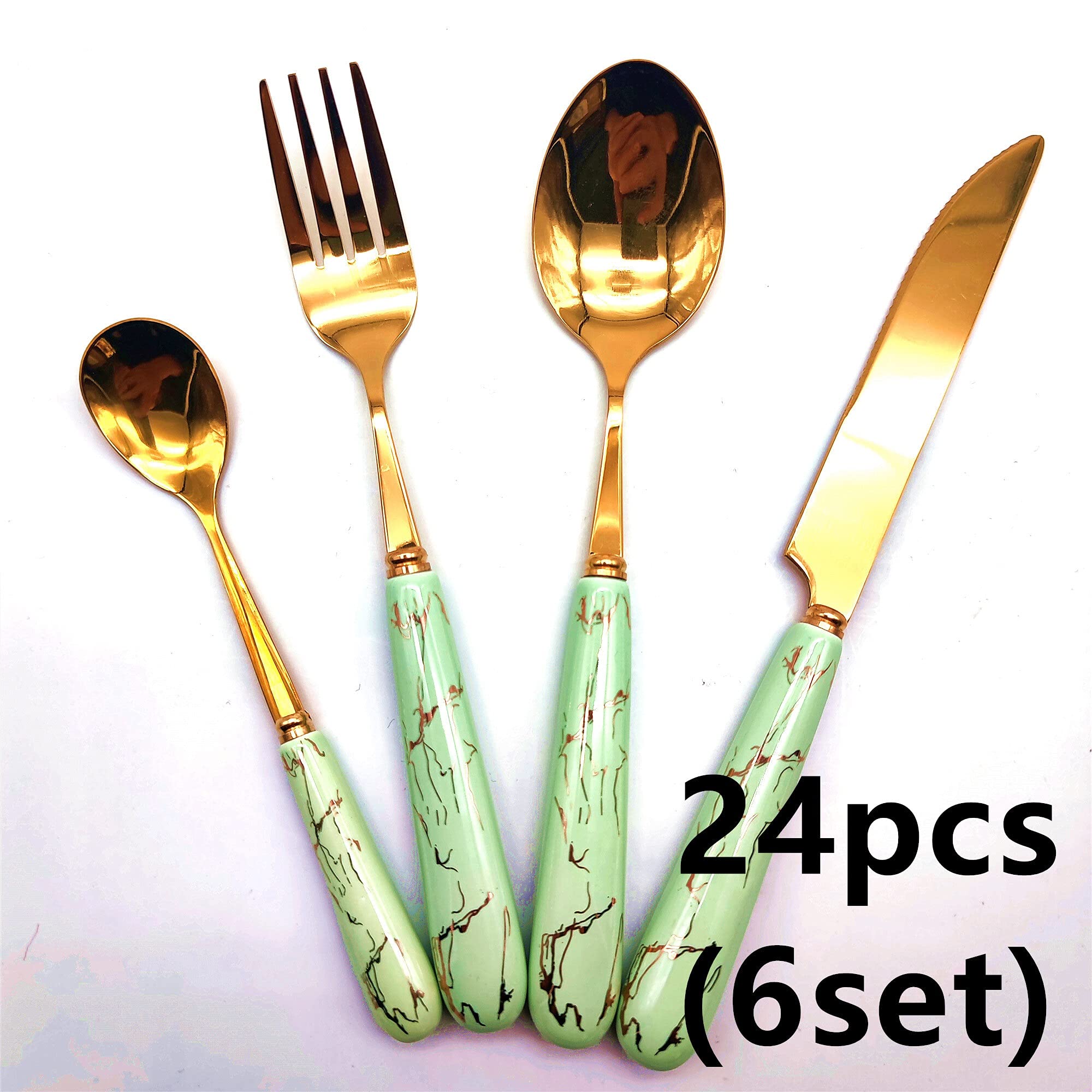 24-Piece Silverware Set with Ceramic Handle - Stainless Steel Cutlery (304) - Fork, Spoon & Knife Dining Set for Everyday Use, Parties & Gifts - BY ZZYY (Pink)