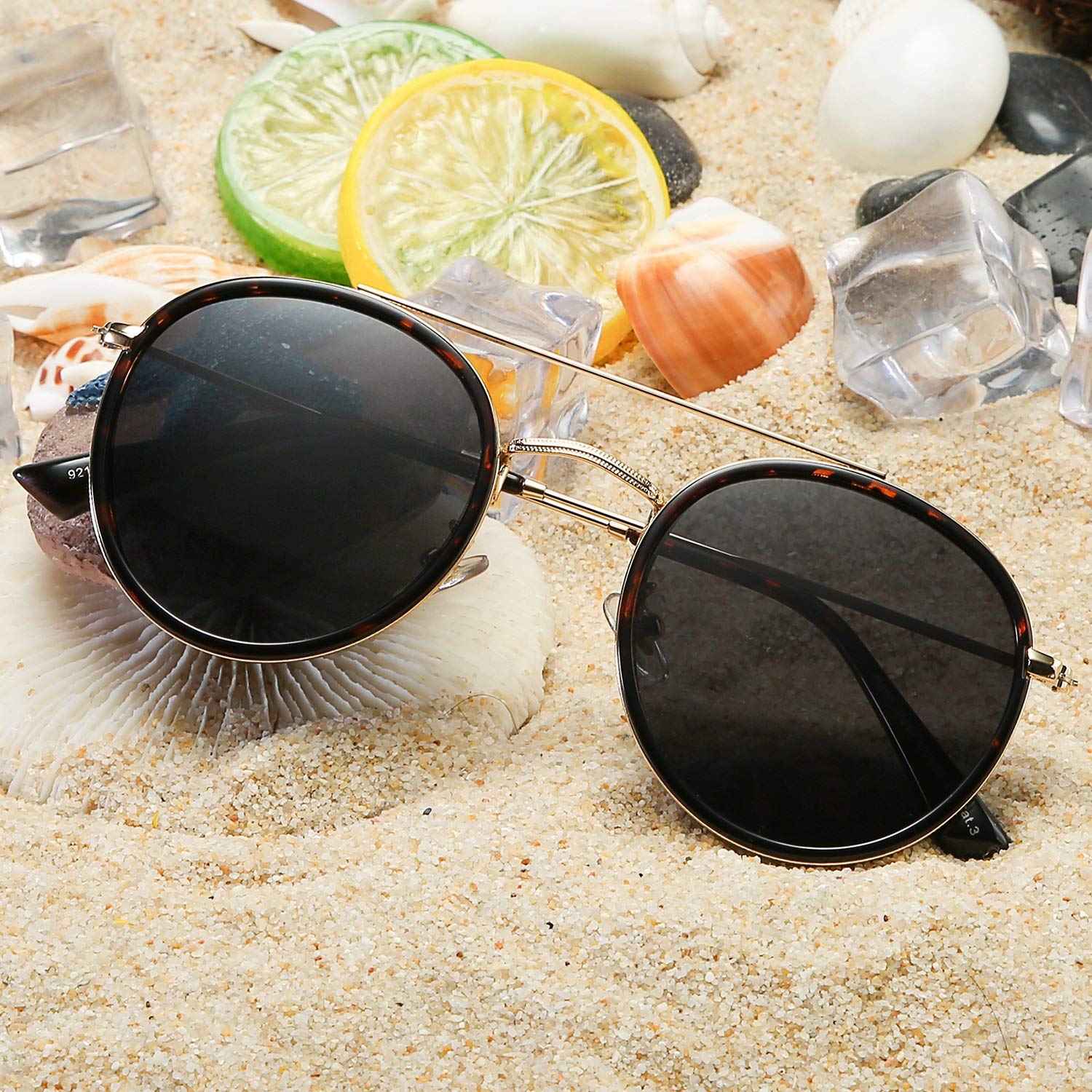 DUSHINE Small Round Double Bridge Polarized Sunglasses for Women & Men - 100% UV Protection - Fashionable & Lightweight for Driving, Beach, and Outdoor Activities