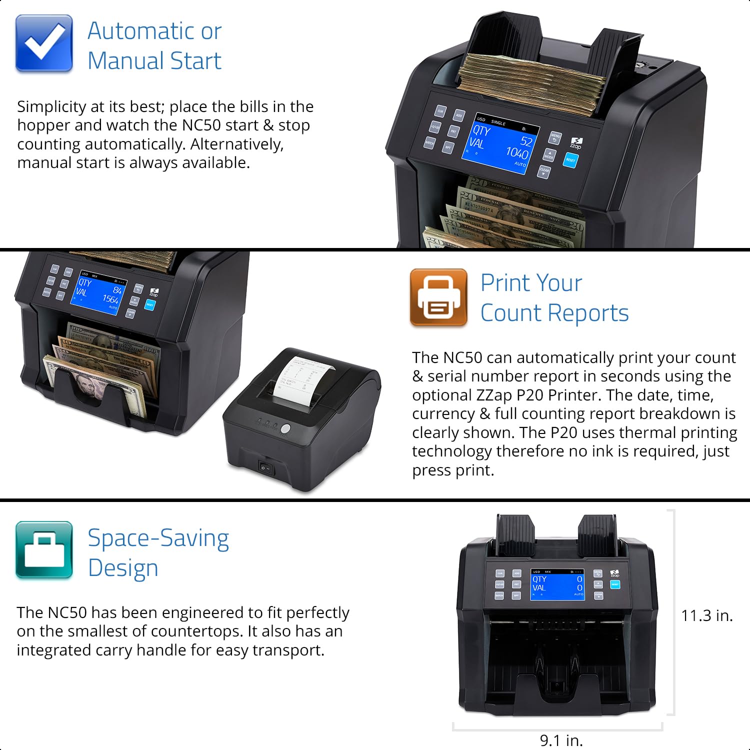 ZZap NC50 Bill Value Counter & Counterfeit Detector Machine - Fast & Accurate Currency Counting with UV/MG/IR Detection - Perfect for Banks, Retail Stores, and Cash-Intensive Businesses