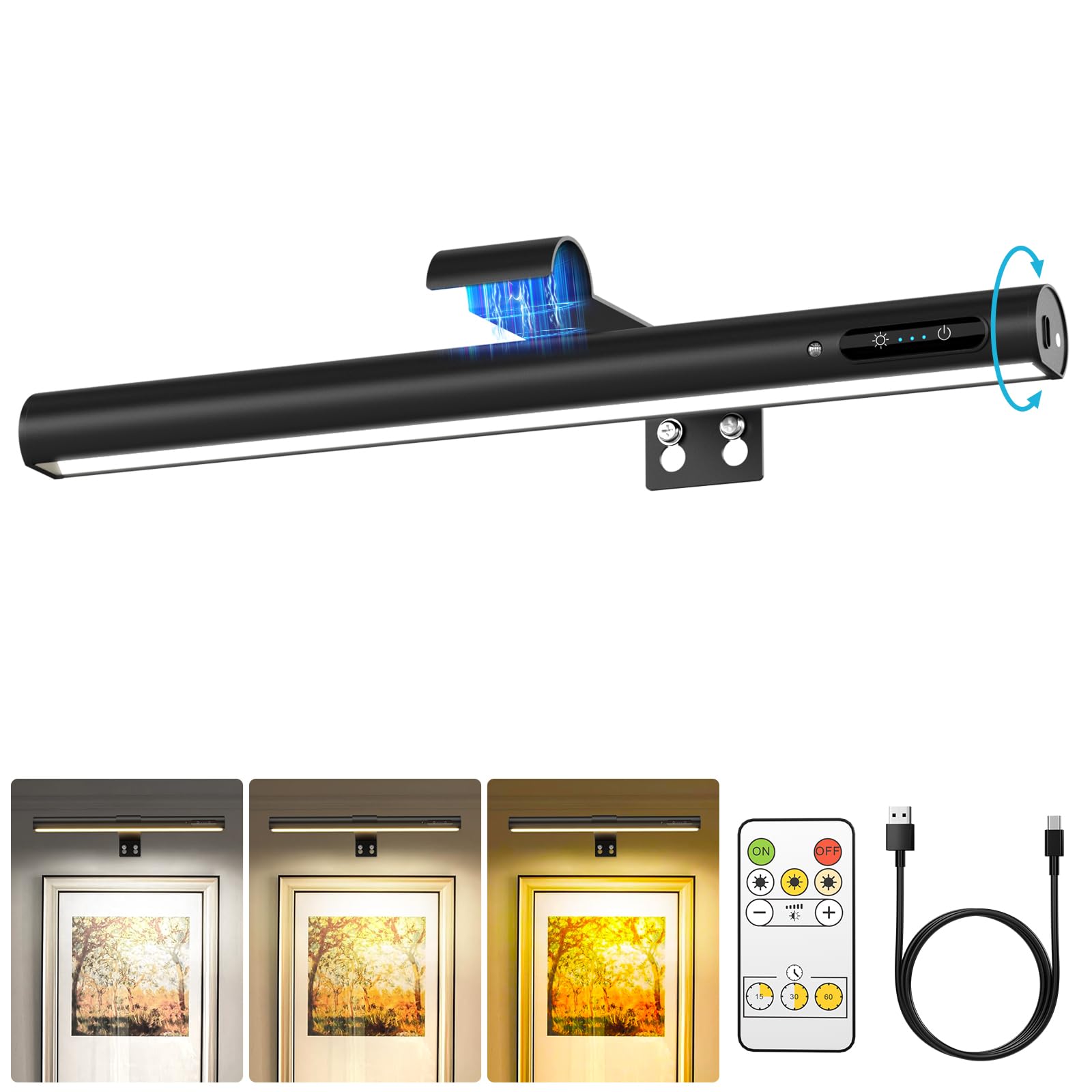 Olafus Rechargeable Wireless Picture Light with Remote - 3 Color Temperatures, Infinite Dimming & Timer, Battery-Operated Wall Light for Art Frames, Gallery Paintings & Home Decor (Black) | Perfect for Living Rooms, Bedrooms & Art Studios