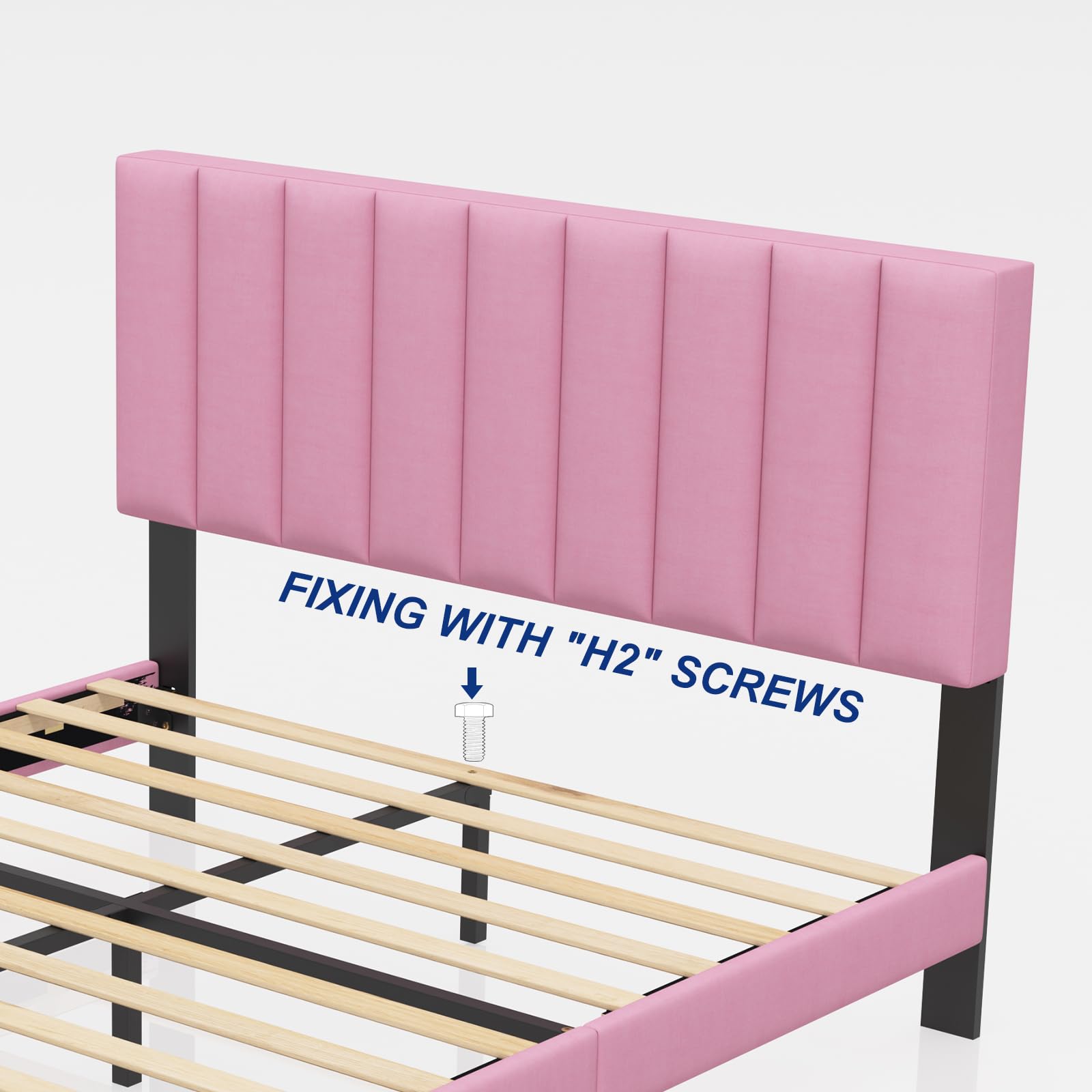 Lukace Twin Bed Frame with Upholstered Headboard - Sturdy Wood Platform Bed, No Box Spring Needed, Easy Assembly, Non-Slip & Noise-Free - Perfect for Kids Rooms, Guest Bedrooms & Small Spaces (Pink)