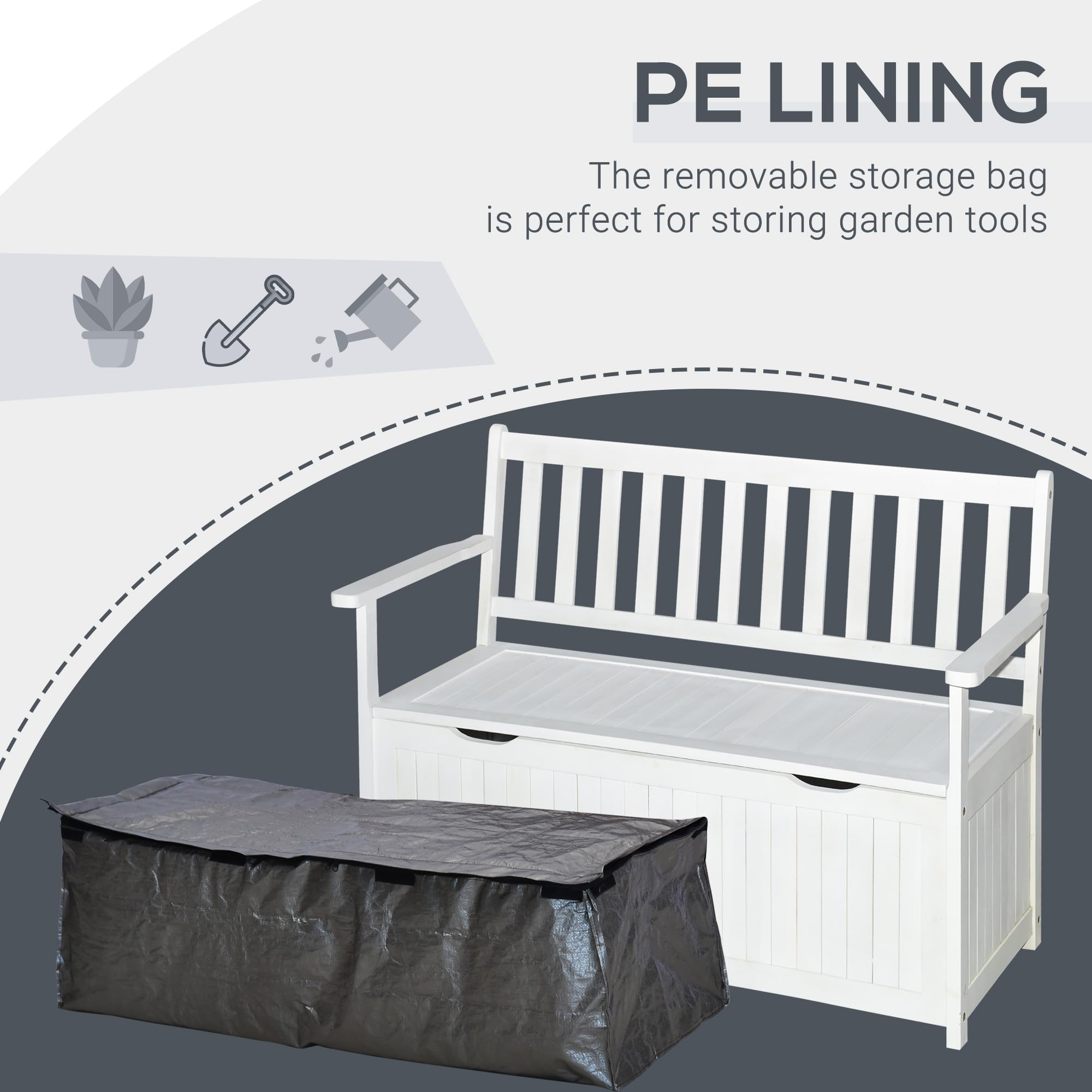 Outsunny 41 Gallon Outdoor Storage Bench - Waterproof Wooden Deck Box with PE Lining, 2-Seat Patio Garden Container for Yard, Balcony & Backyard - Perfect for Storing Garden Tools, Cushions & Outdoor Accessories (White)