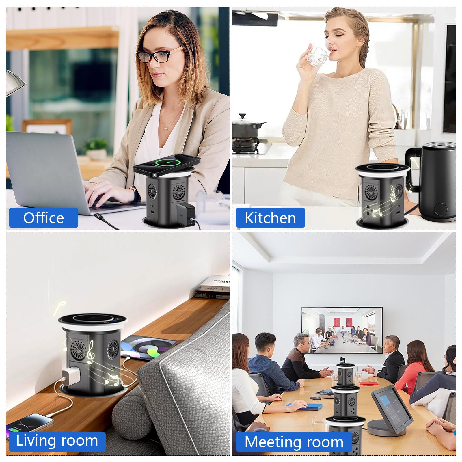 Smart Pop-Up Outlet for Countertop with 15W Wireless Charger & 20W Power Delivery - 3 AC Outlets, 2 USB Ports & Bluetooth Speaker - APP Remote Control for Home & Office Workspace