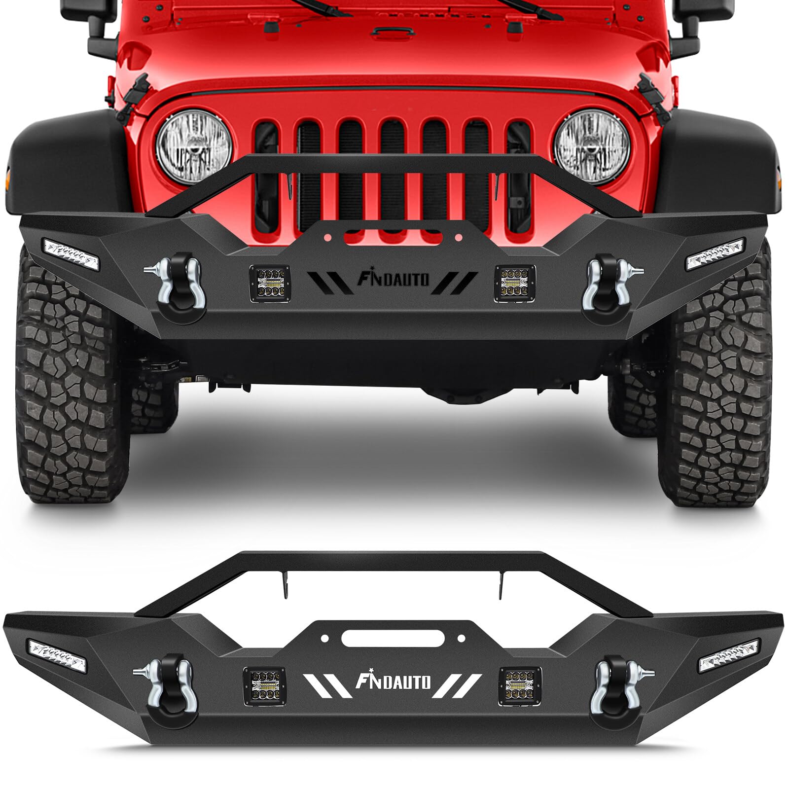 FINDAUTO Heavy Duty Front Bumper for 2007-2018 Jeep Wrangler JK - Textured Black Rock Crawler Bumper with Winch Plate, D-Ring Shackles & LED Light Bar | Off-Road Protection & Adventure-Ready Upgrade