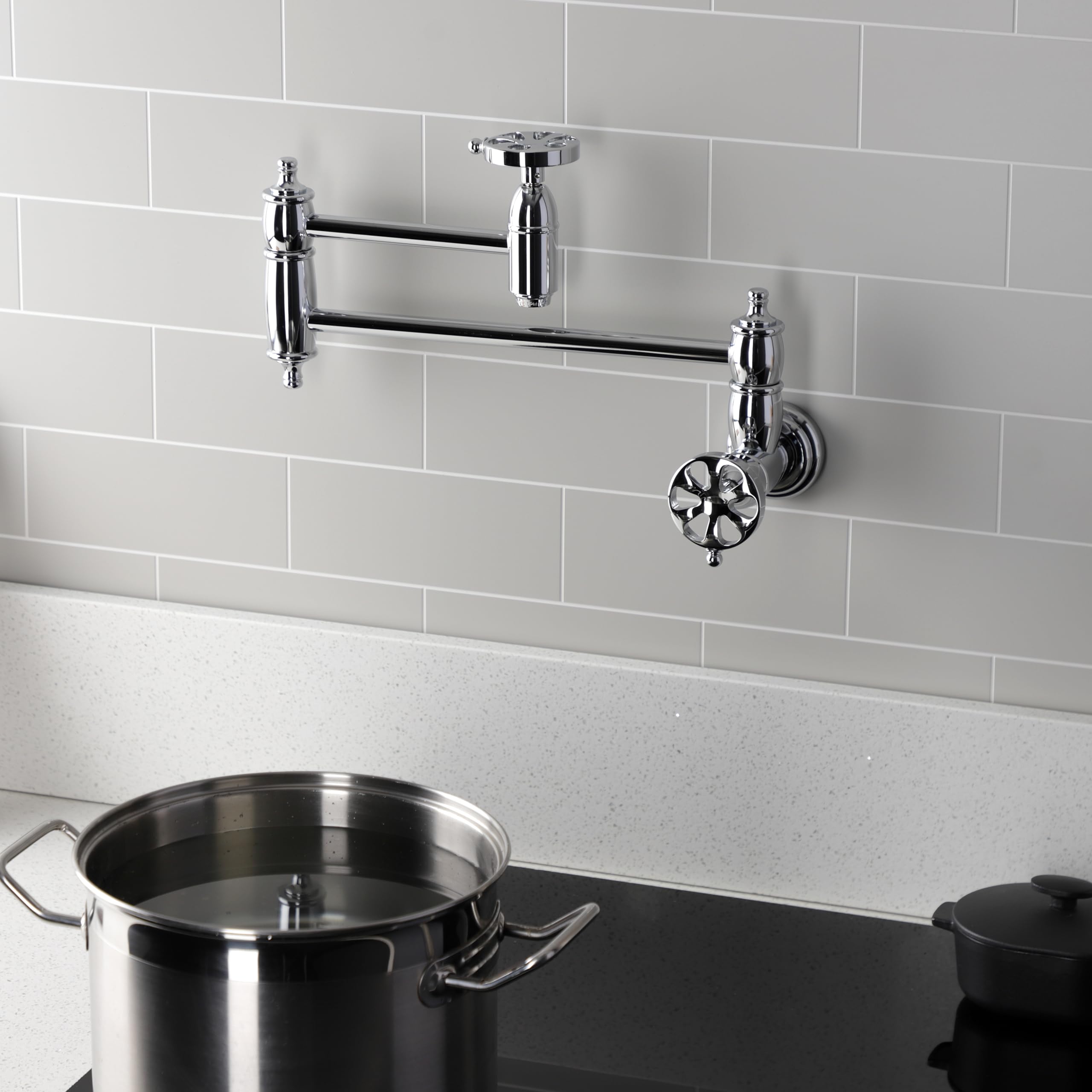 Kingston Brass KS3101RX Belknap Wall Mount Pot Filler Faucet - Polished Chrome Finish - Ideal for Kitchen, Cooking, and Filling Large Pots with Water