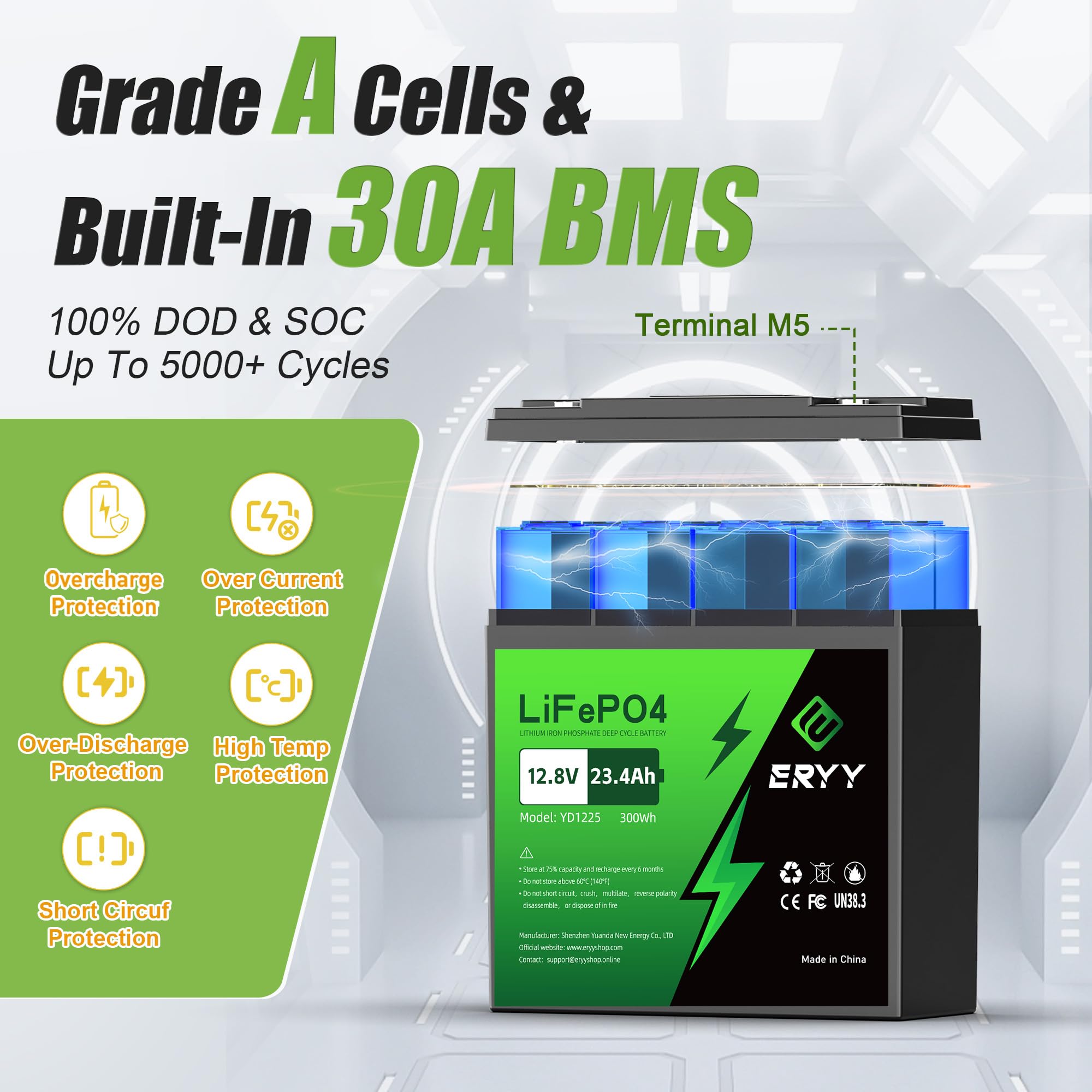 12V 23.4AH LiFePO4 Deep Cycle Lithium Battery with 30A BMS - Rechargeable 12 Volt Lithium Iron Phosphate Battery for Fish Finders, Solar Systems, Kids Scooters, Power Wheels, RVs & Campers - Perfect for Marine, Off-Grid & Outdoor Power Applications