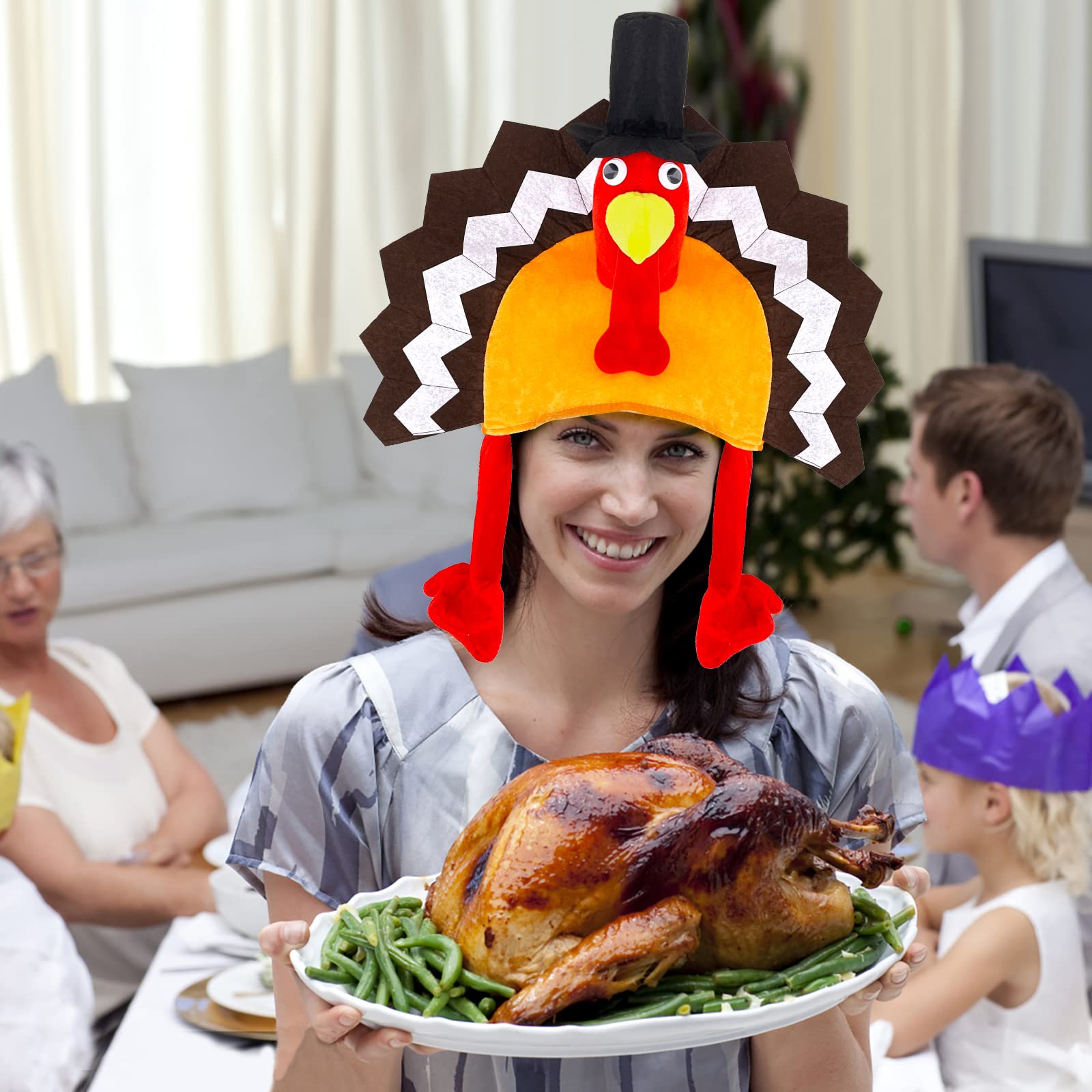 Soft Plush Thanksgiving Turkey Hat with Head, Legs & Tail - Fun Fancy Dress Costume Accessory for Thanksgiving Parties & Holiday Gatherings