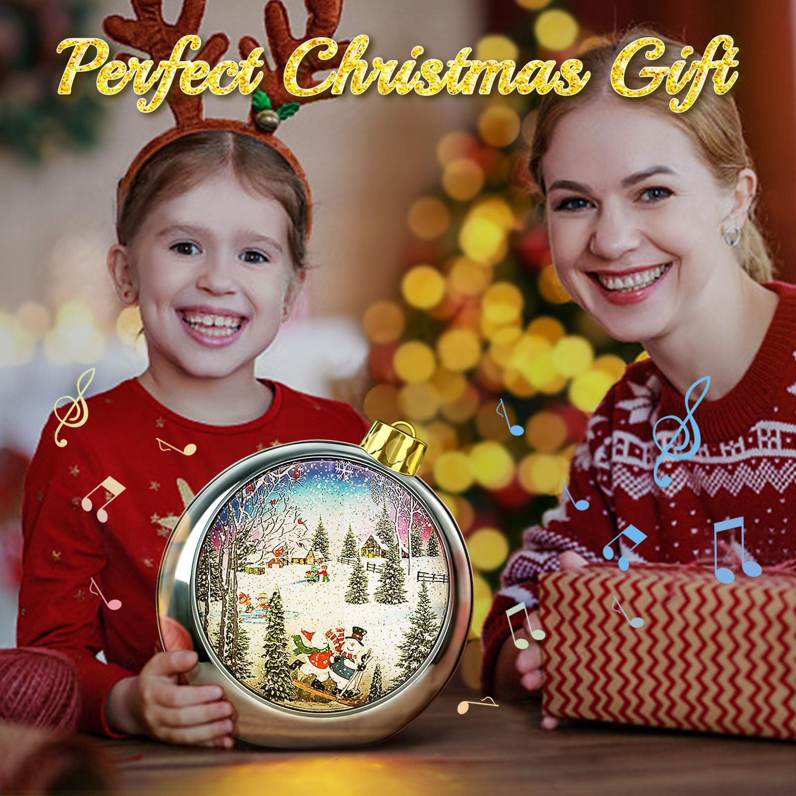 Lighted Christmas Snow Globes with 6H Timer & 8 Holiday Songs - Silver Round Musical Lantern with Xmas Tree Decor for Home, Office, and Holiday Party Decorations