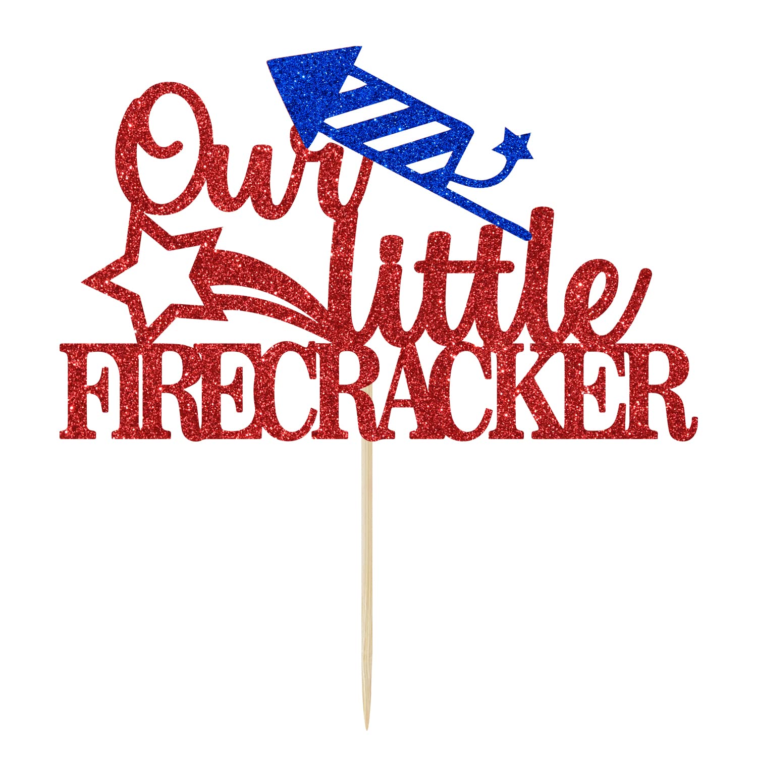 Our Little Firecracker Cake Topper - Patriotic 4th of July & 1st Birthday Cake Decorations - Red & Blue Glitter Party Supplies for Independence Day, Baby Shower & Gender Reveal Celebrations