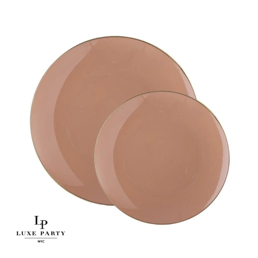 Eco-Friendly Clay Beige & Gold Rim Round Plastic Plates - 12-Pack Disposable Dinnerware for Parties, Picnics & Outdoor Events