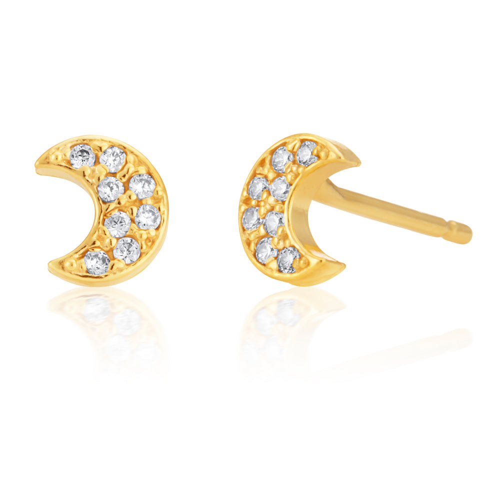 9ct Gold Filled Cubic Zirconia Moon Shape Stud Earrings for Women - Hypoallergenic Dainty Celestial Jewelry - Perfect for Everyday Wear, Date Night & Gift Giving