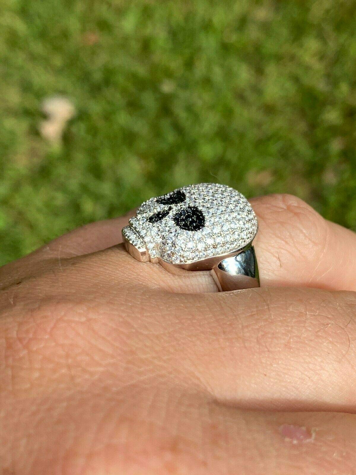 925 Sterling Silver Men's Iced Skull Emoji Ring with Black Diamond Eyes - Gothic Santa Muerte Pinky Ring for Men - Hip Hop Jewelry Gift for Boyfriend - Perfect for Parties, Concerts and Streetwear Fashion
