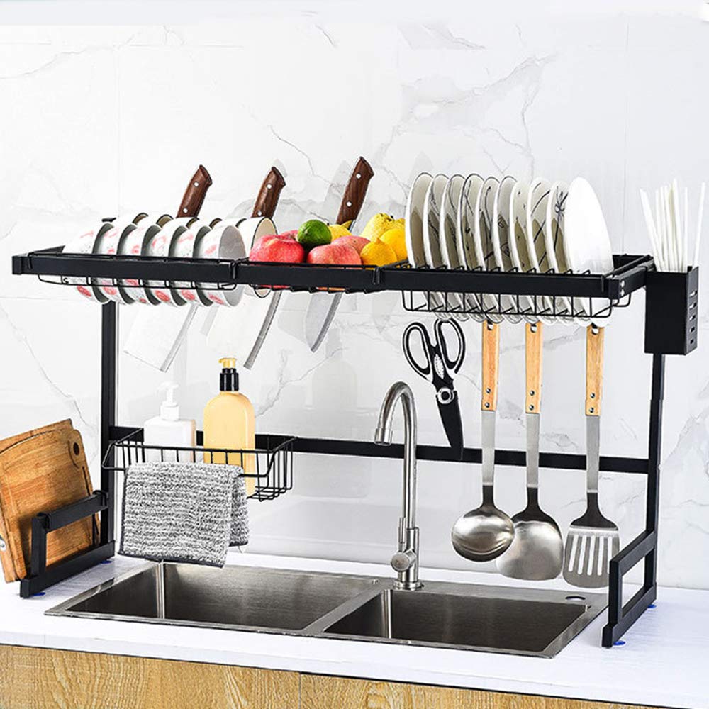2-Tier Under Sink Organizer - Stainless Steel Kitchen Storage Shelf with Non-Slip Suction Cups & Hooks - Perfect for Dish Drying, Sponge Holder & Sink Organization - Space-Saving Solution for Small Kitchens & Bathrooms