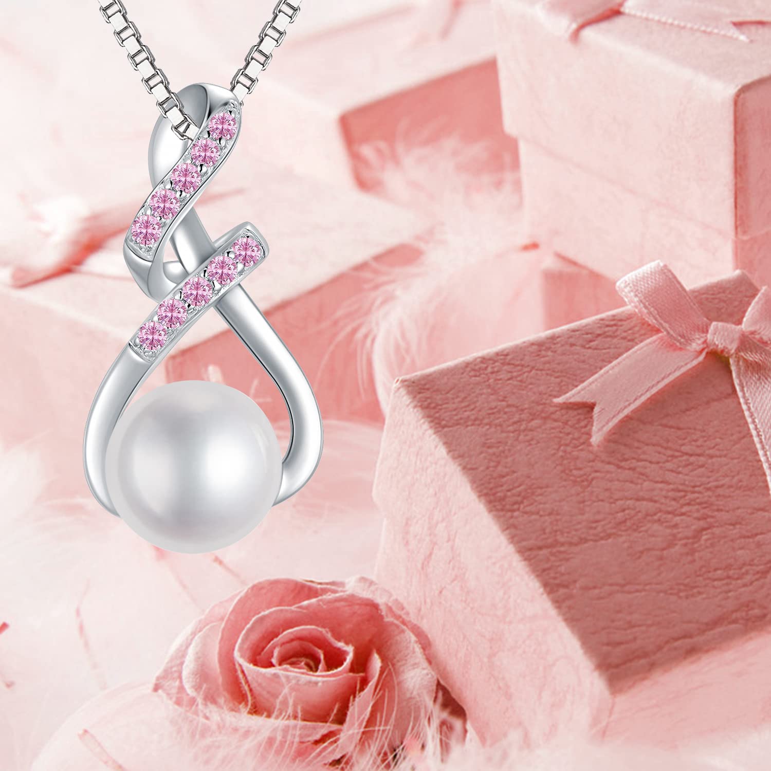 Endless Love 925 Sterling Silver Infinity Pearl Pendant Necklace with Birthstones - Thoughtful Birthday Gift for Mom, Women, Her - Perfect for Mother's Day, Anniversary & Special Occasions