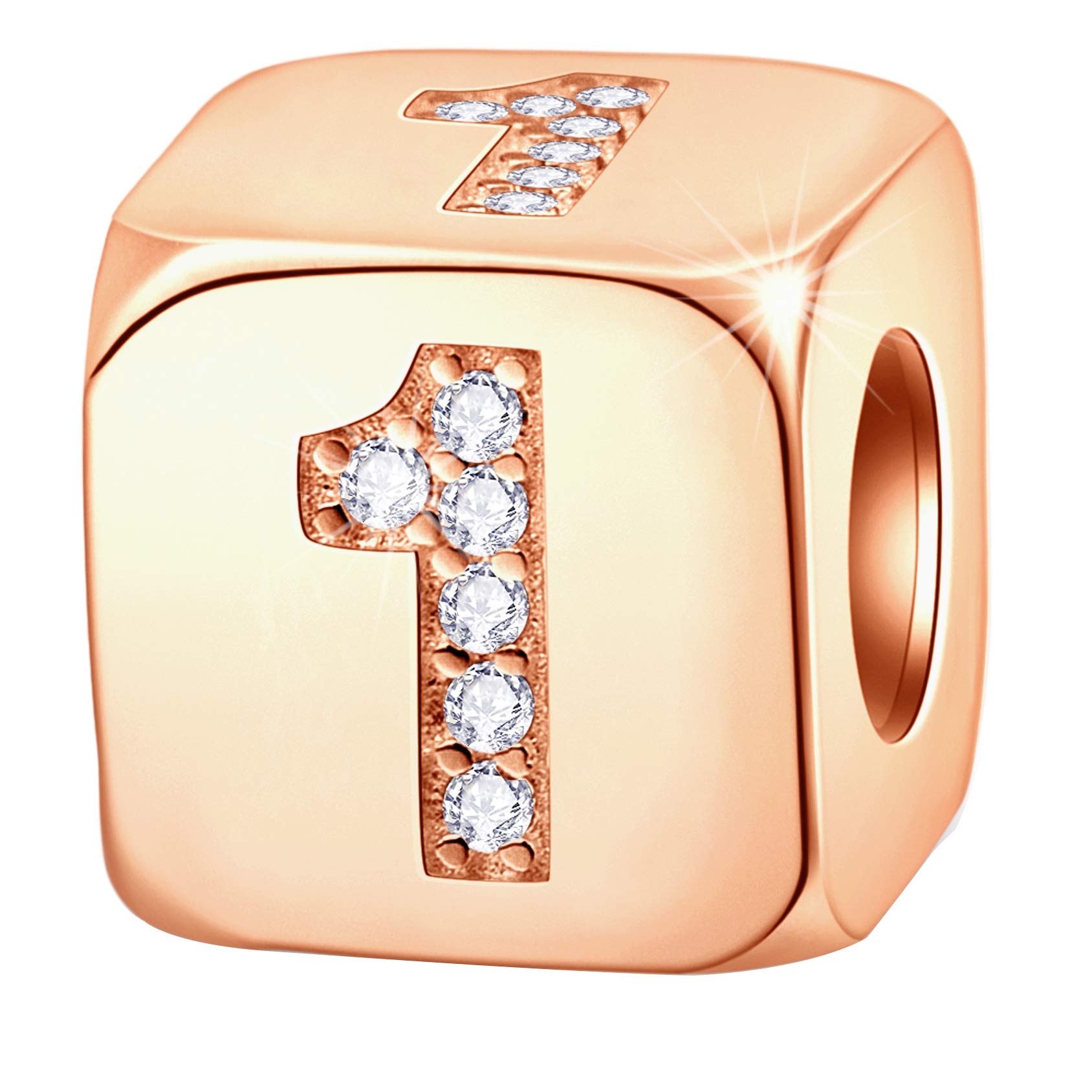 925 Sterling Silver Rose Gold Dice Charms with CZ - Lucky 0-9 Numbers & Poker Card Beads for European Bracelets | Perfect Birthday Gifts for Friends, Mom & Teacher | Jewelry Making & DIY Bracelet Accessories