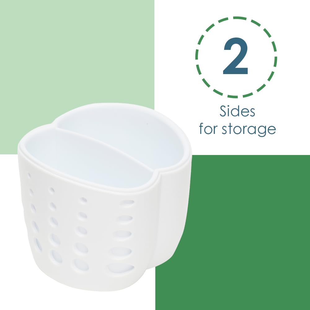 Home Basics Double Sponge Holder Kitchen Sink Caddy - White Saddle Faucet Soap & Sponge Organizer with Drain Holes | Perfect for Kitchen Sink Organization & Dishwashing Accessories