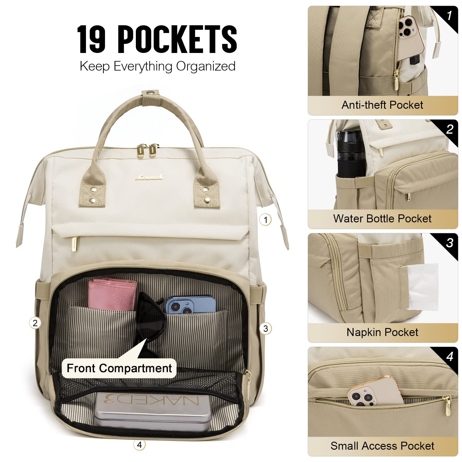 LOVEVOOK Women's Laptop Backpack - Stylish 15.6 Inch Computer Bag for Work, Travel & School | Water-Resistant Business Backpack for Professionals, Nurses & Students | Perfect for Commuting, Office & College (Beige-Khaki)