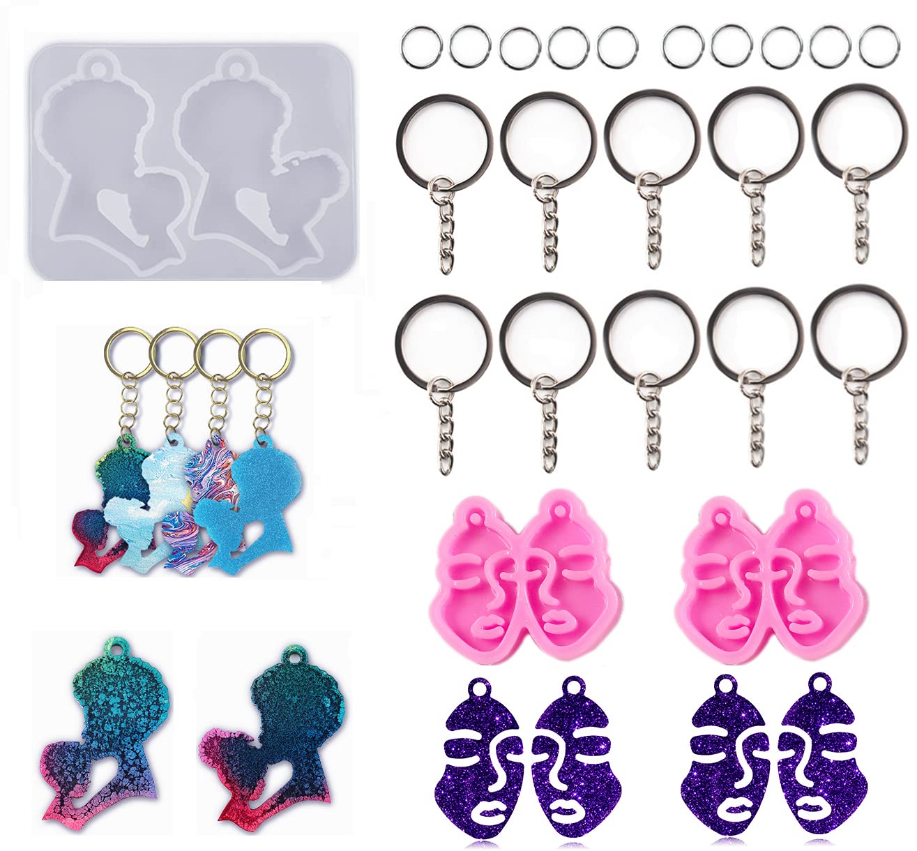 13PCS Silicone Keychain Mold Set - DIY Epoxy Resin Molds for Jewelry Making (3 Molds + 10 Key Rings) - Mother & Child Kissing & Bohemian Face Designs - Perfect for Handmade Gifts, Craft Projects & DIY Accessories