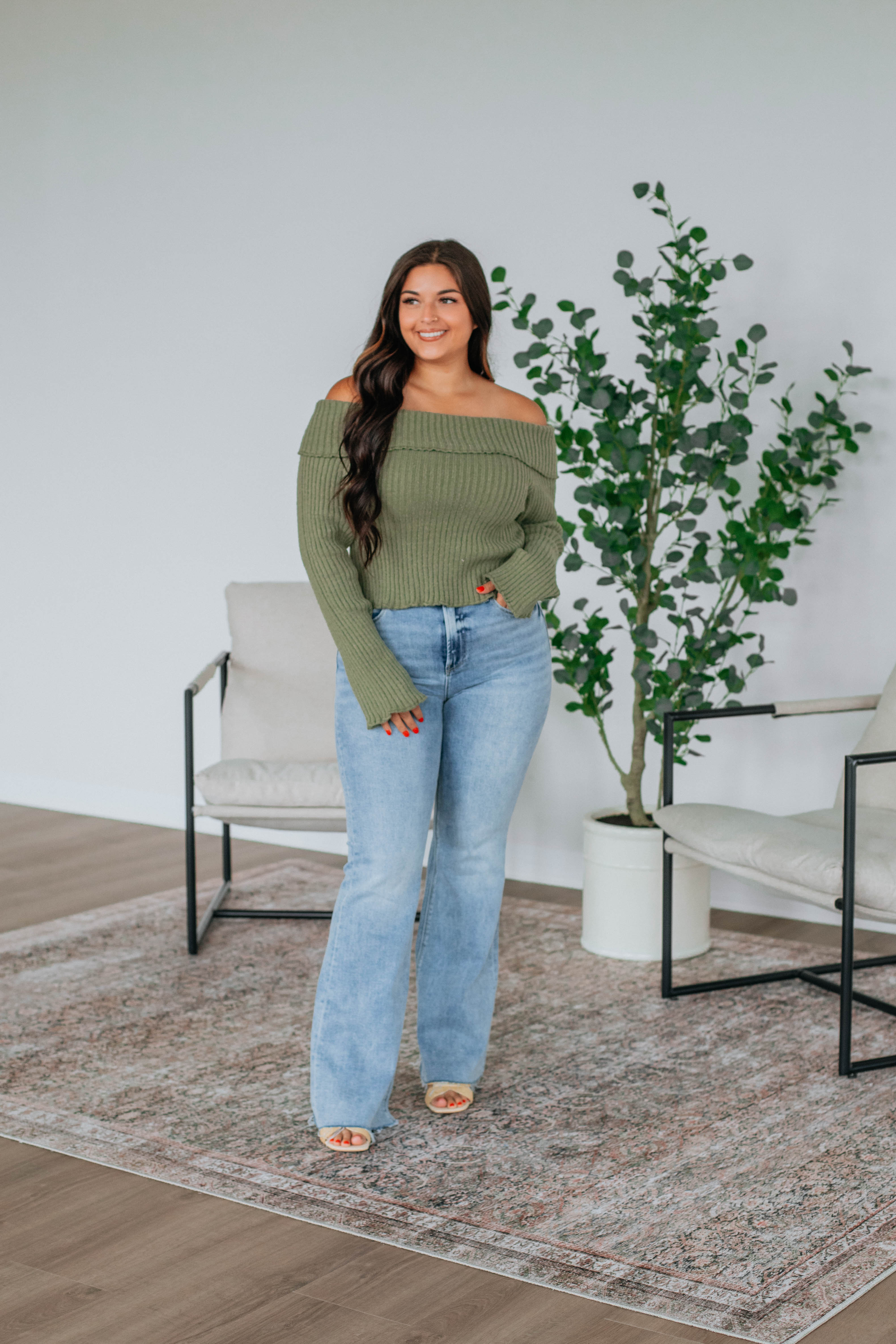 Elaine Off Shoulder Sweater for Women - Olive Green Knit Pullover | Casual Fall & Winter Fashion | Perfect for Dates, Parties & Cozy Nights