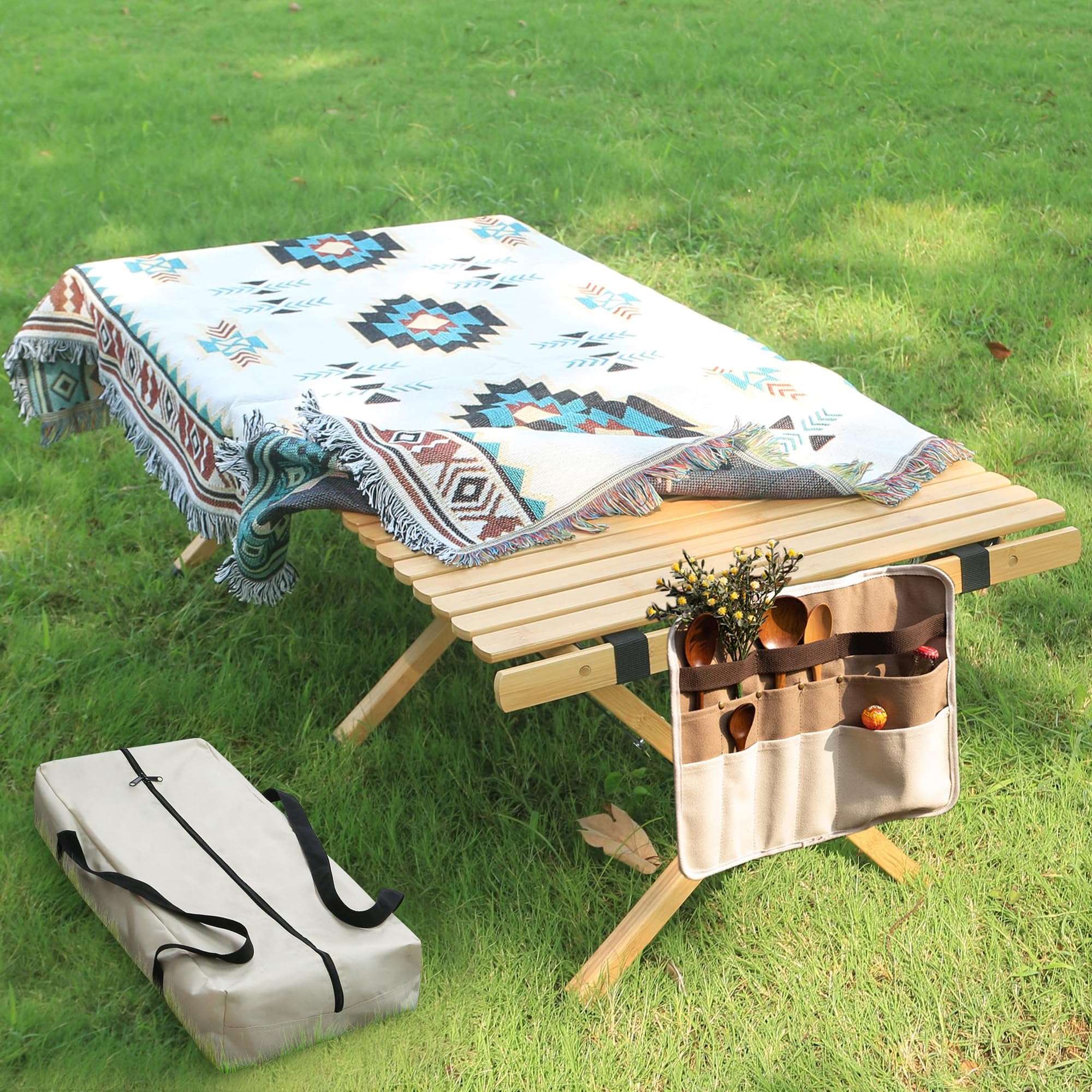 4FT Portable Bamboo Folding Picnic Table with Carry Bag & Tablecloth - Lightweight Camping Table for Beach, Backyard, BBQ, Travel & Outdoor Parties | Perfect for Picnics, Tailgating & Patio Gatherings
