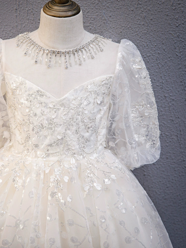 White Princess Sweetheart Floor Length Tulle Flower Girl Dress for Weddings & Special Occasions