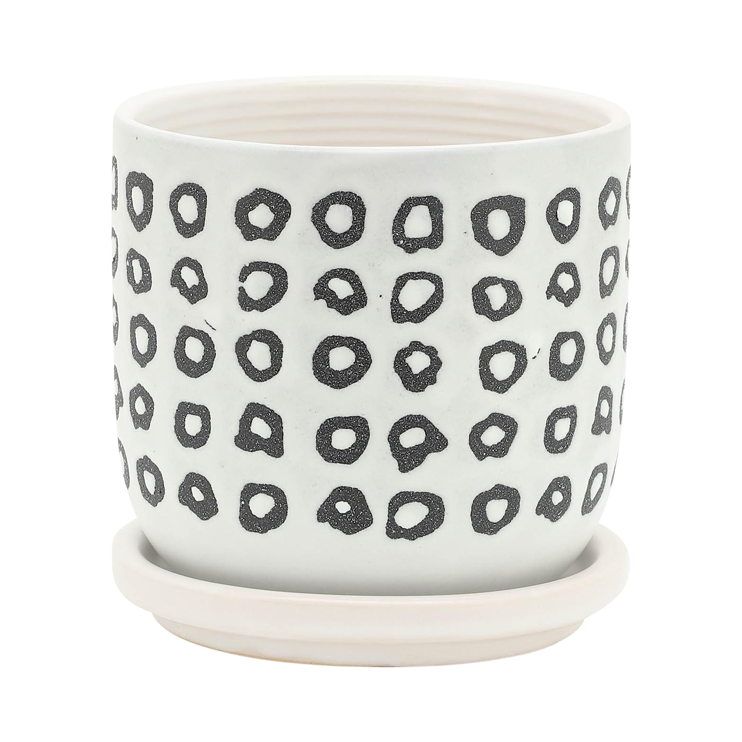 Set of 2 Modern Aztec Design Ceramic Plant Pots with Matching Saucers - White & Black Indoor Outdoor Flower Planters for Succulents, Herbs, Home & Garden Decor