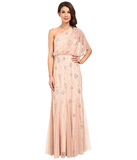 Adrianna Papell One Shoulder Beaded Gown - Elegant Blush Evening Dress for Prom, Wedding & Formal Events