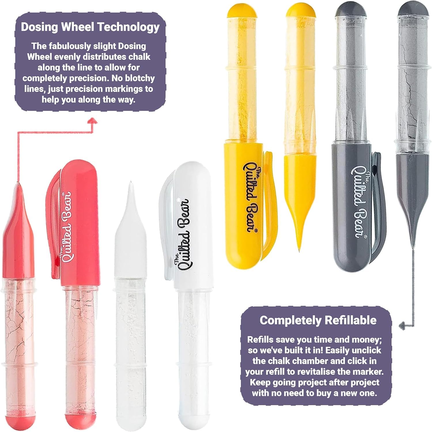 The Quilted Bear Refillable Fabric Chalk Marker Pen - Silver Sewing & Quilting Marker with Chalk Wheel Tip for Dressmaking, DIY Crafts & Fabric Projects | Perfect for Tailoring, Quilt Marking & Handmade Craft Designs