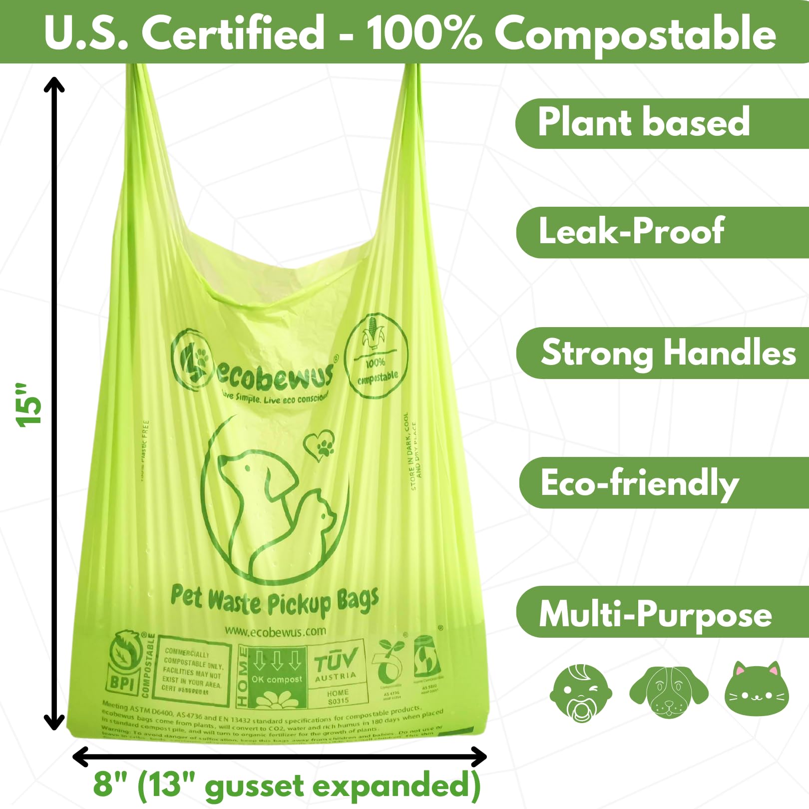 **Eco-Friendly 100% Compostable Pet Waste Bags (140 Count) – Plant-Based Biodegradable Dog Poop & Cat Litter Bags with Handles – Perfect for Dog Walks, Litter Boxes & Food Scrap Disposal**
