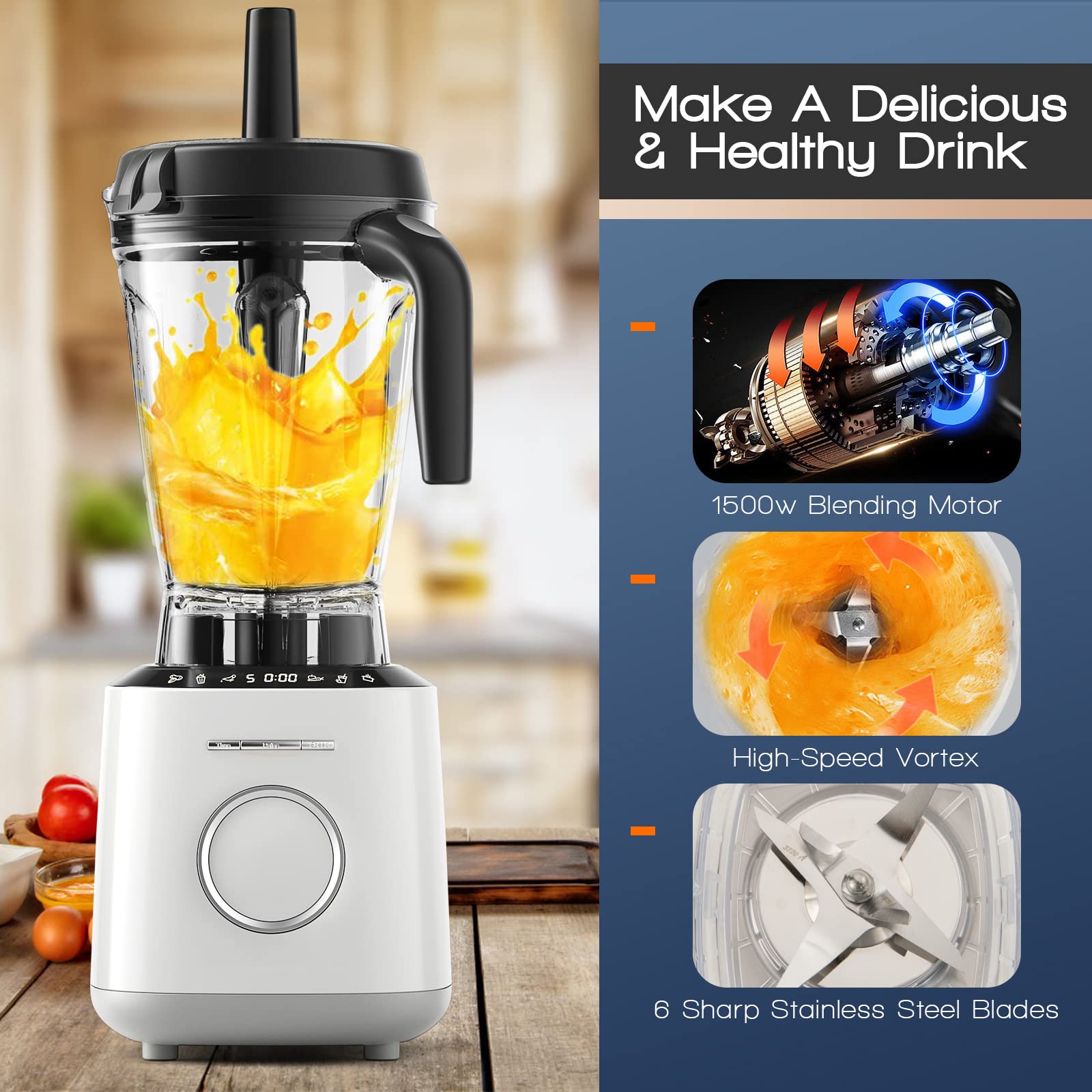 PETSITE Pro 1500W 64 Oz Countertop Blender - 10-Speed Adjustable Commercial Blender for Smoothies, Shakes & Food Prep - Smart Timer & Touch Control Panel - Perfect for Home Kitchen, Restaurants & Juice Bars