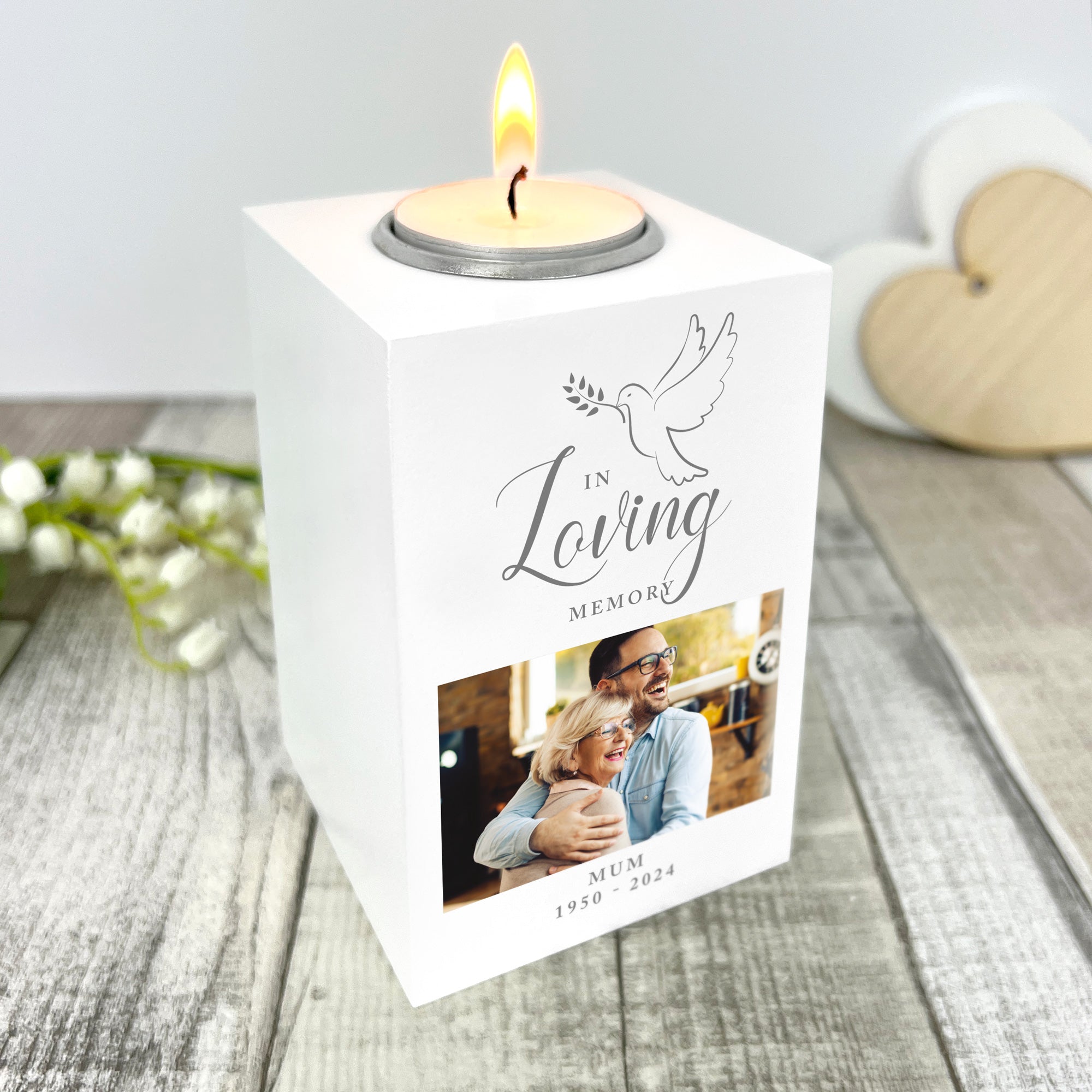 Personalized In Loving Memory Dove Photo Memorial White Tea Light Holder - Memorial Candle Holder for Loved Ones, Perfect for Funerals, Memorial Services & Home Decor