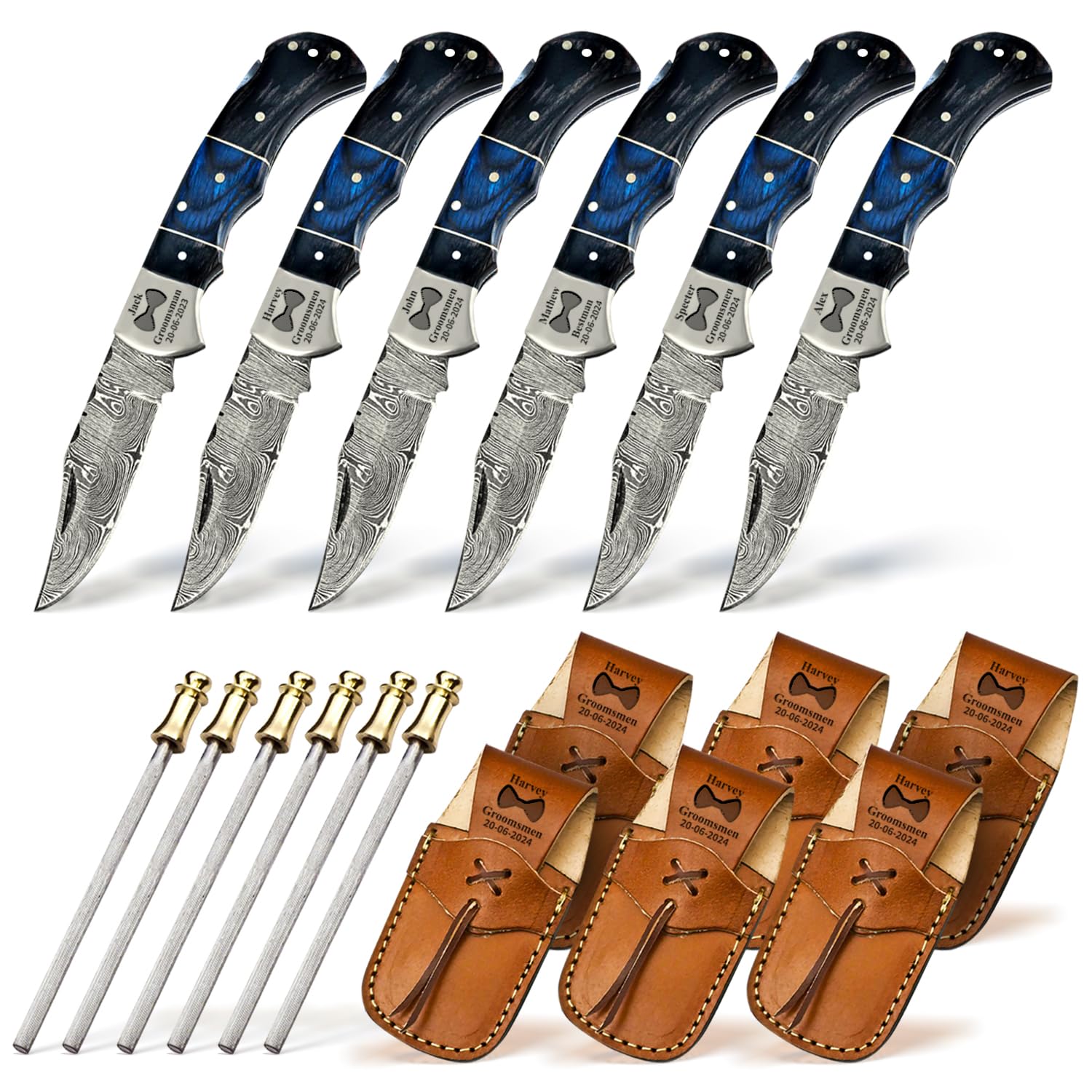 6-Piece Personalized Damascus Steel Pocket Knife Set with Leather Sheaths - Custom Engraved Groomsmen Gifts for Weddings, Proposals & Special Occasions - Perfect for Outdoor Adventures, Camping & Everyday Carry