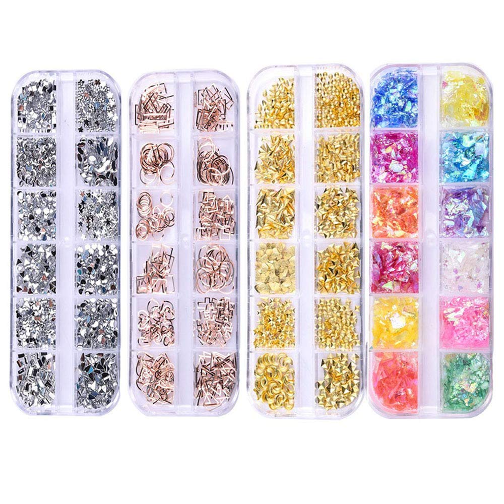 4 Boxes Holographic Nail Glitter Flakes, Rhinestone Nail Art Decorations, Assorted Shapes 3D Iridescent Thin Glitter for DIY Manicure - Perfect for Nail Salon, Home Nail Art, Party Makeup & Gift Giving