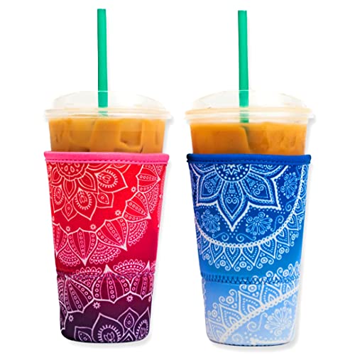 Baxendale Neoprene Iced Coffee Sleeve - 2 Pack Insulated Cup Holder for 32oz Large Tumblers (Mandala Blue) | Perfect for Iced Coffee, Cold Drinks & Travel Mugs