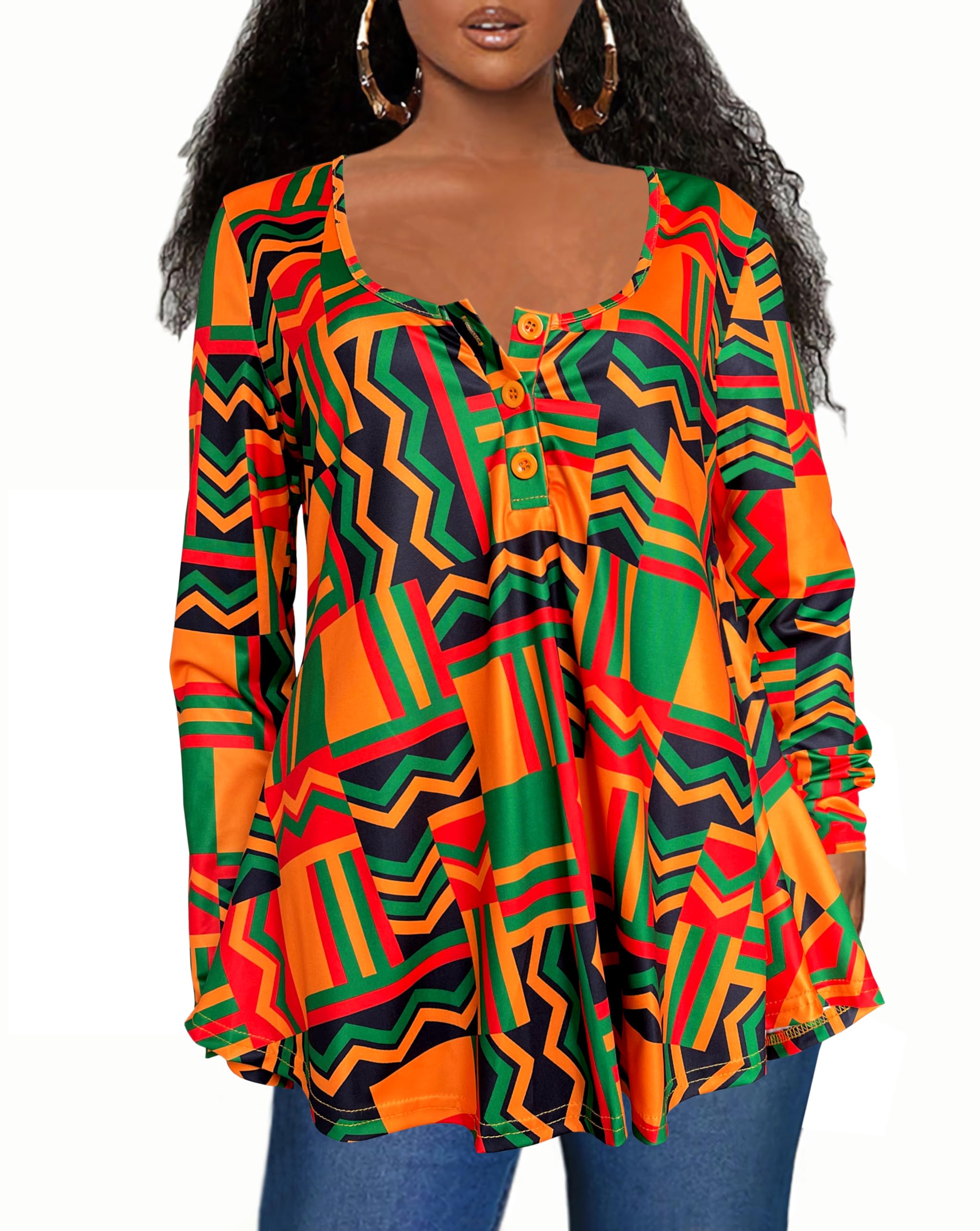 Afibi Women's Long Sleeve Henley T-Shirt - Button Down Loose Fit Blouse with Scoop Neck - African Dashiki Print Top for Casual Wear, Boho Style & Cultural Events