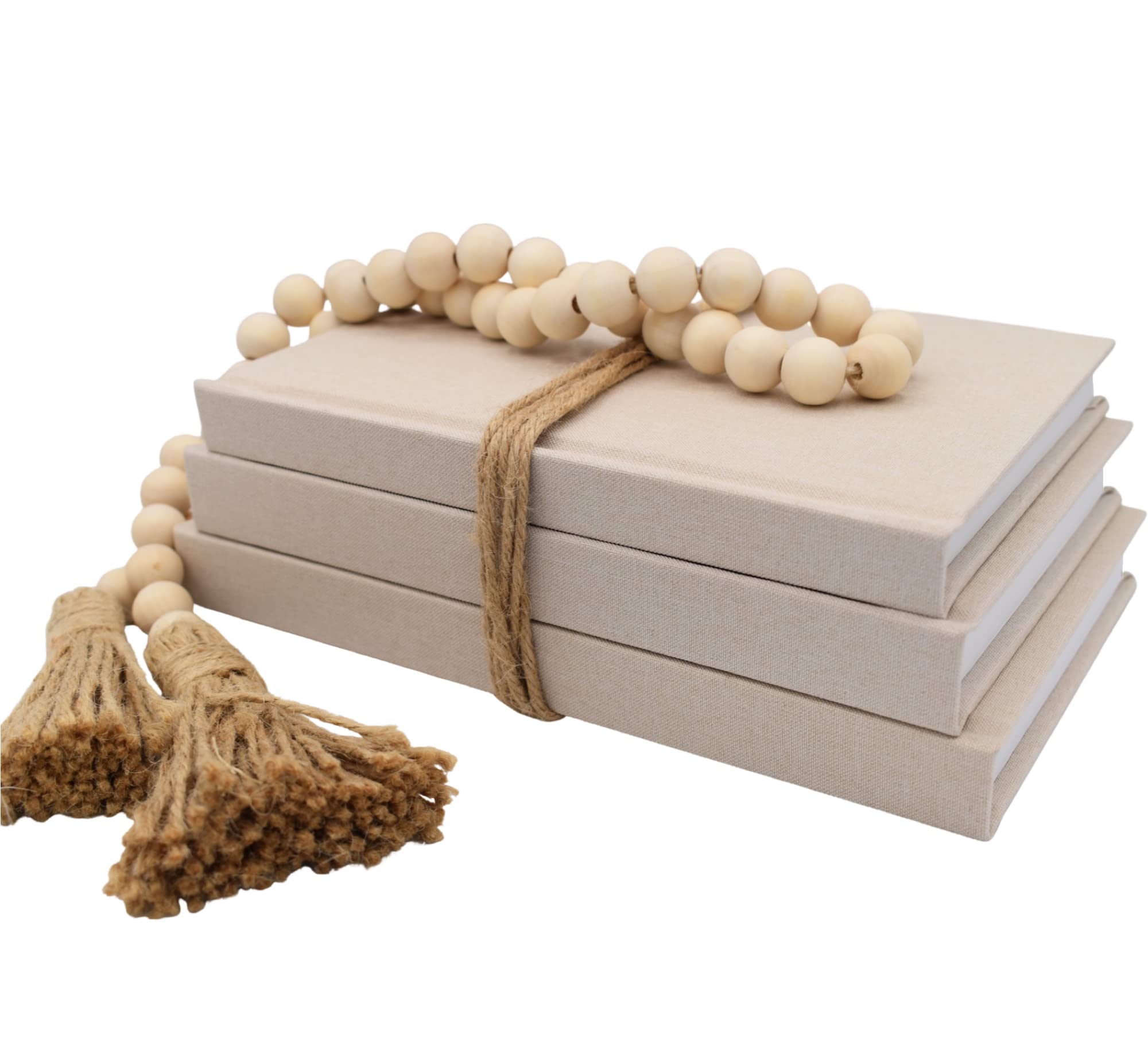 Decorative Fabric Books Set of 3 - Neutral Latte Beige Linen Books with Wooden Bead Garland for Boho Home Decor | Bookshelf Styling, Fireplace Mantel Decor, Coffee Table Centerpiece, Tiered Tray Display | Perfect for Living Room, Bedroom & Office Decor