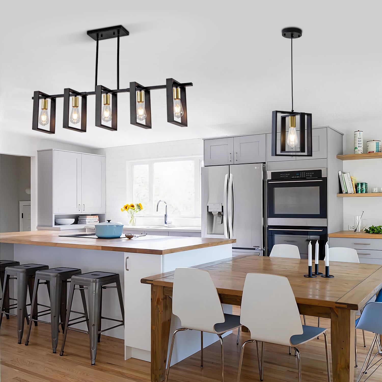 Rustic Farmhouse Wood Chandelier - 5-Light Black Kitchen Island Pendant Lighting, Adjustable Height 41.3