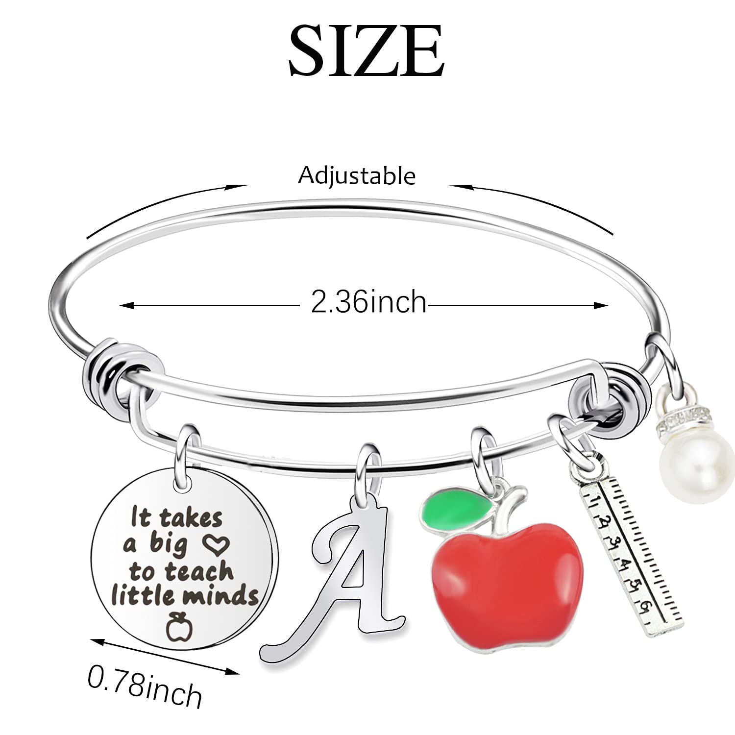 Scwasen Initial Teacher Bracelet for Women - Heart Shaped Teacher Appreciation Gift with Inspirational Quote 'It Takes a Big Heart to Teach Little Minds' - Perfect Thank You Gift for Teachers Day, Graduation, Retirement & Everyday Appreciation