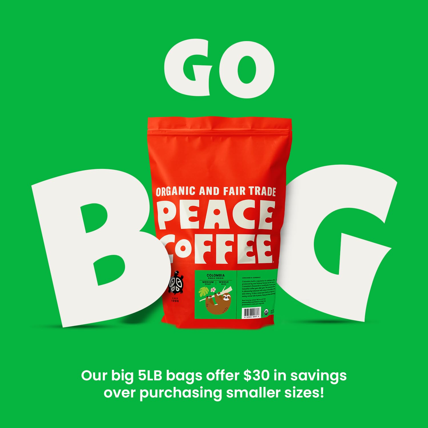 Organic Fair Trade Colombia Single Origin Coffee - 5 lb Whole Bean Medium Roast | Shade Grown, Fresh Roasted | Smooth & Crisp Flavor | Perfect for Home Brewing, Office Use & Gift Giving