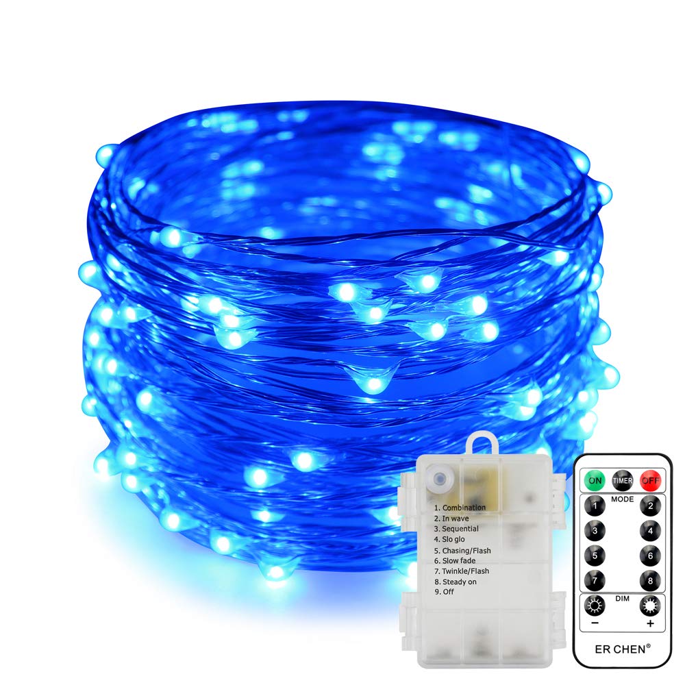 33FT 100 LEDs Battery Operated Silver Copper Wire LED String Lights - 8 Modes Dimmable Waterproof Fairy Lights with Remote & Timer for Indoor Outdoor Wedding, Bedroom, Party, Garden (Blue) | Perfect for Home Decor, Holiday Lighting and Special Events