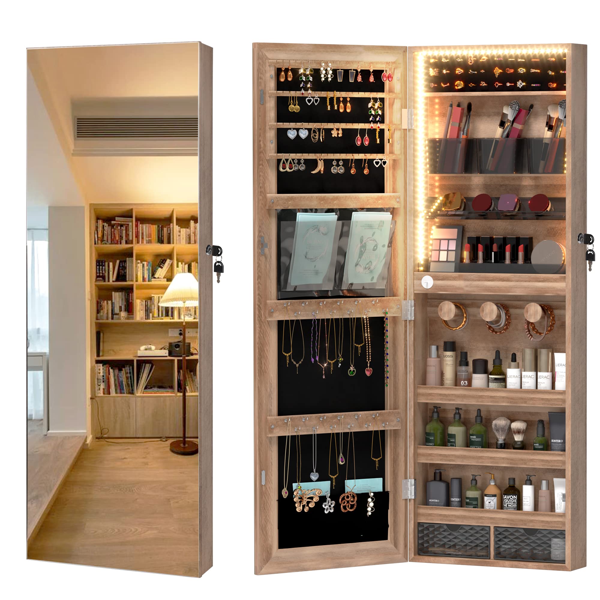 LVSOMT Lockable Over the Door Jewelry Cabinet with LED Lights - Full Length Mirror Jewelry Organizer with Storage for Necklaces, Rings & Earrings - Perfect for Bedroom, Closet or Bathroom Organization (Brown)