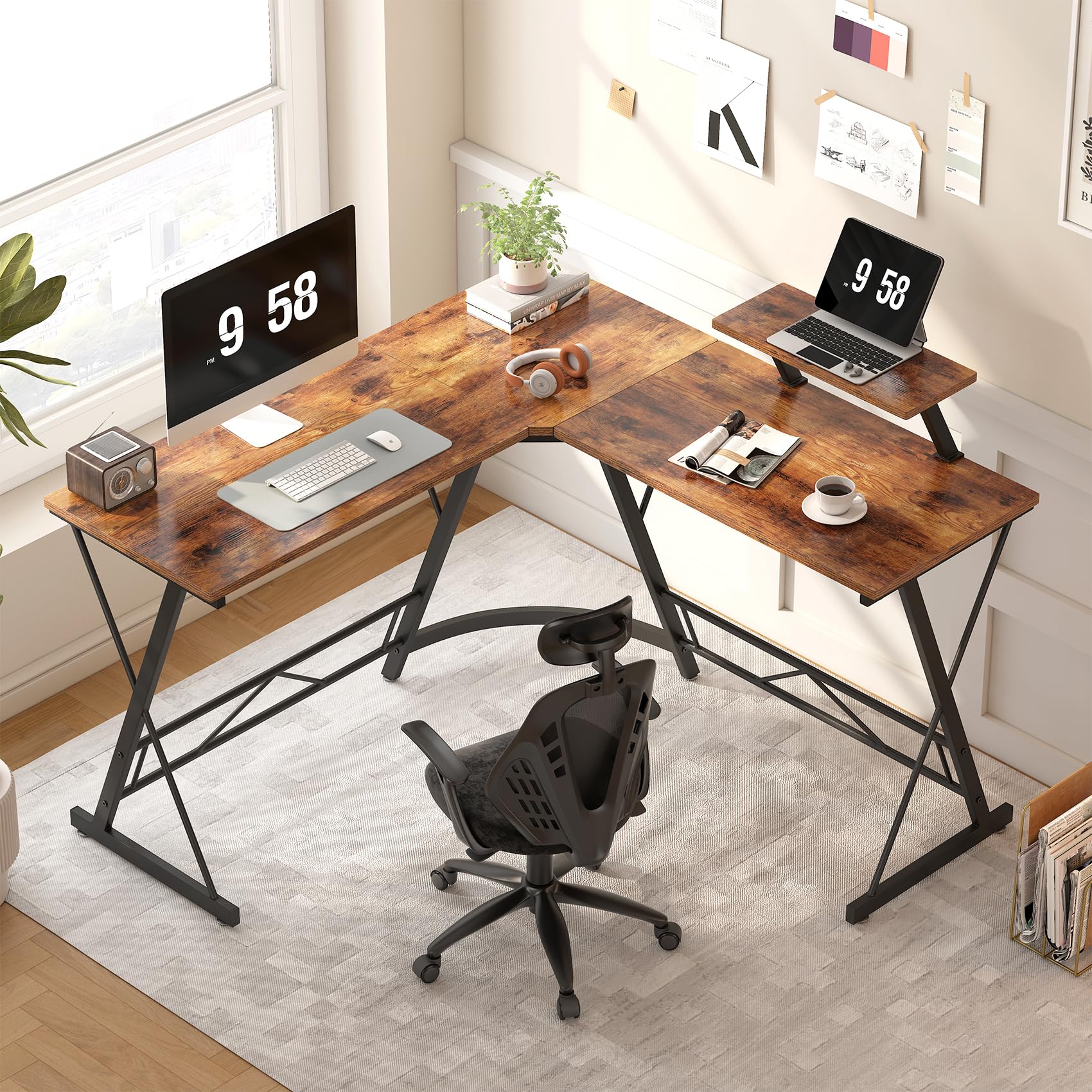 Ironstone L-Shaped Computer Desk - 51 Inch Corner Desk for Home Office, Gaming & Writing Workstation with Large Monitor Stand | Easy Assembly Rustic Brown | Perfect for Small Spaces & Multi-Monitor Setups