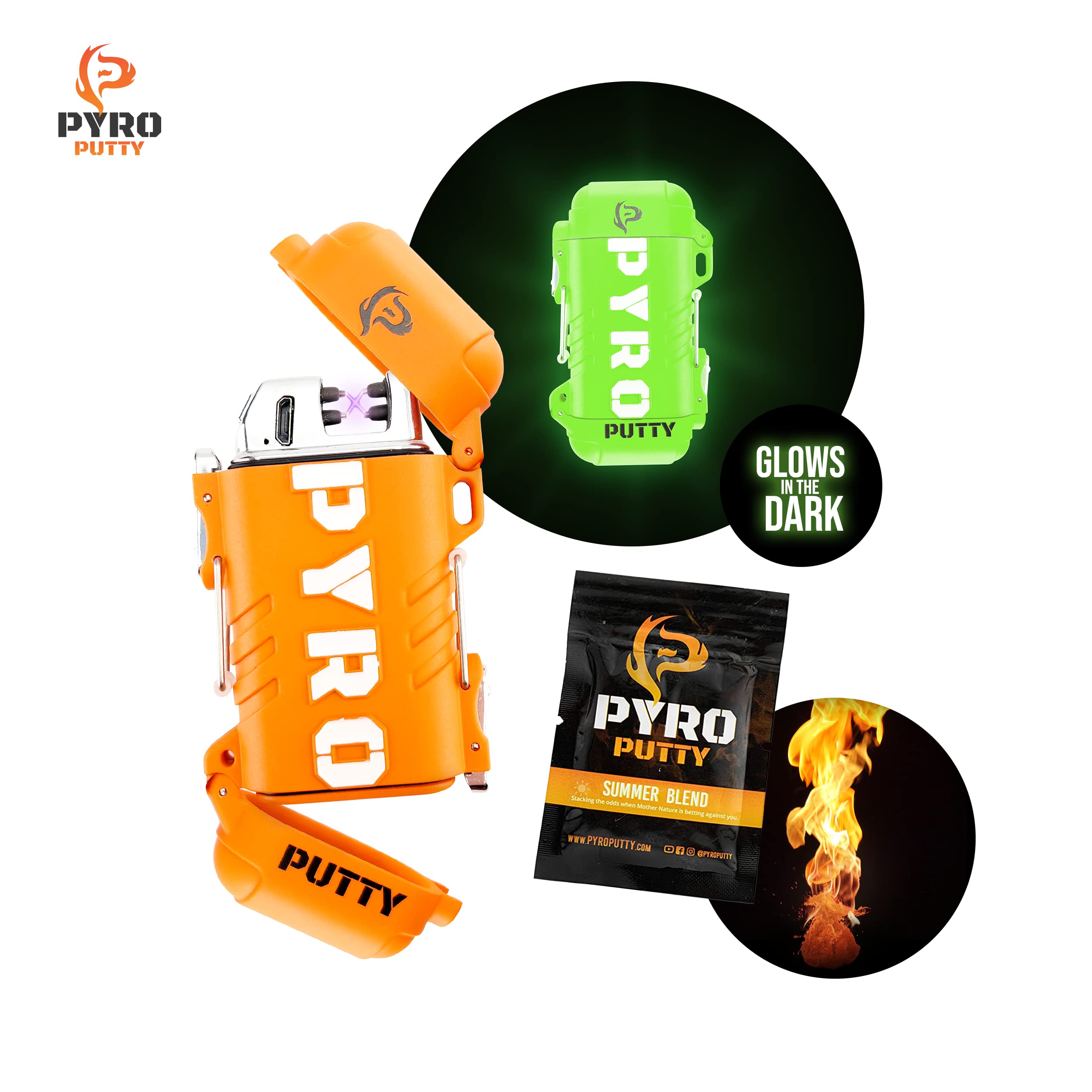Pyro Putty Stow and Go Rechargeable ARC Lighter: Waterproof Fire Starter for Survival, Backpacking, and Outdoor Adventures - Includes Single Use Summer Putty for Camping, Hiking, and Emergency Preparedness