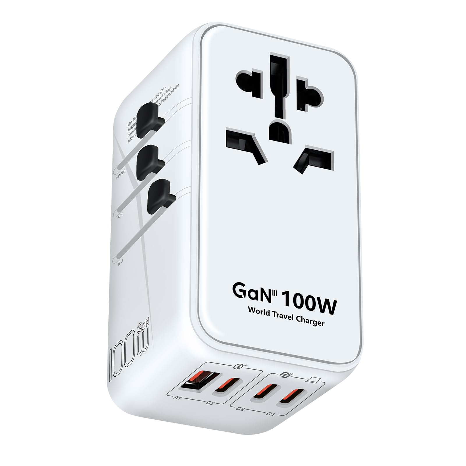 100W Universal Travel Adapter with Fast Charging - Worldwide International Plug Converter with 3 USB-C & 1 USB-A Ports - Compatible with Laptops, Tablets, Phones, iPad in Europe, UK, EU, AUS - Perfect for Business Trips, Vacations & International Travel