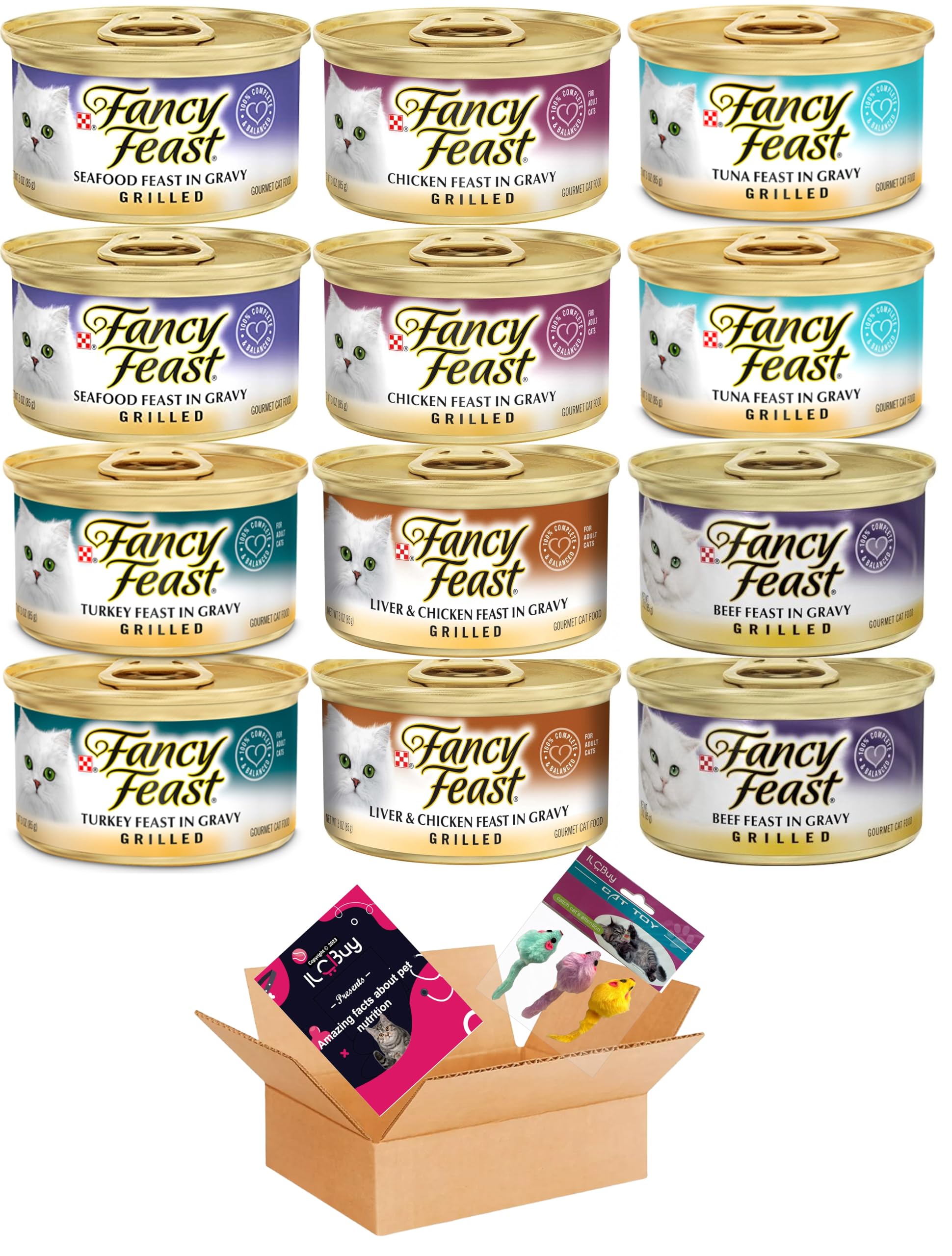 Premium Grilled Wet Canned Cat Food Variety Pack - 12 Cans (2 Seafood, 2 Chicken, 2 Tuna, 2 Turkey, 2 Liver & Chicken, 2 Beef) with Free Nutrition Guide - Perfect for Adult Cats' Daily Meals, Travel & Emergency Food Supply