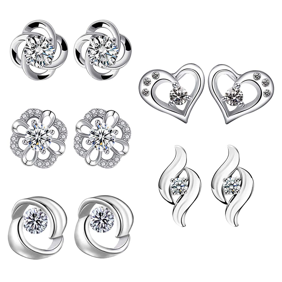 5 Pairs Cubic Zirconia Stud Earrings for Women - 925 Sterling Silver Hypoallergenic Post Earrings Set | Perfect Gift for Birthday, Anniversary & Everyday Wear