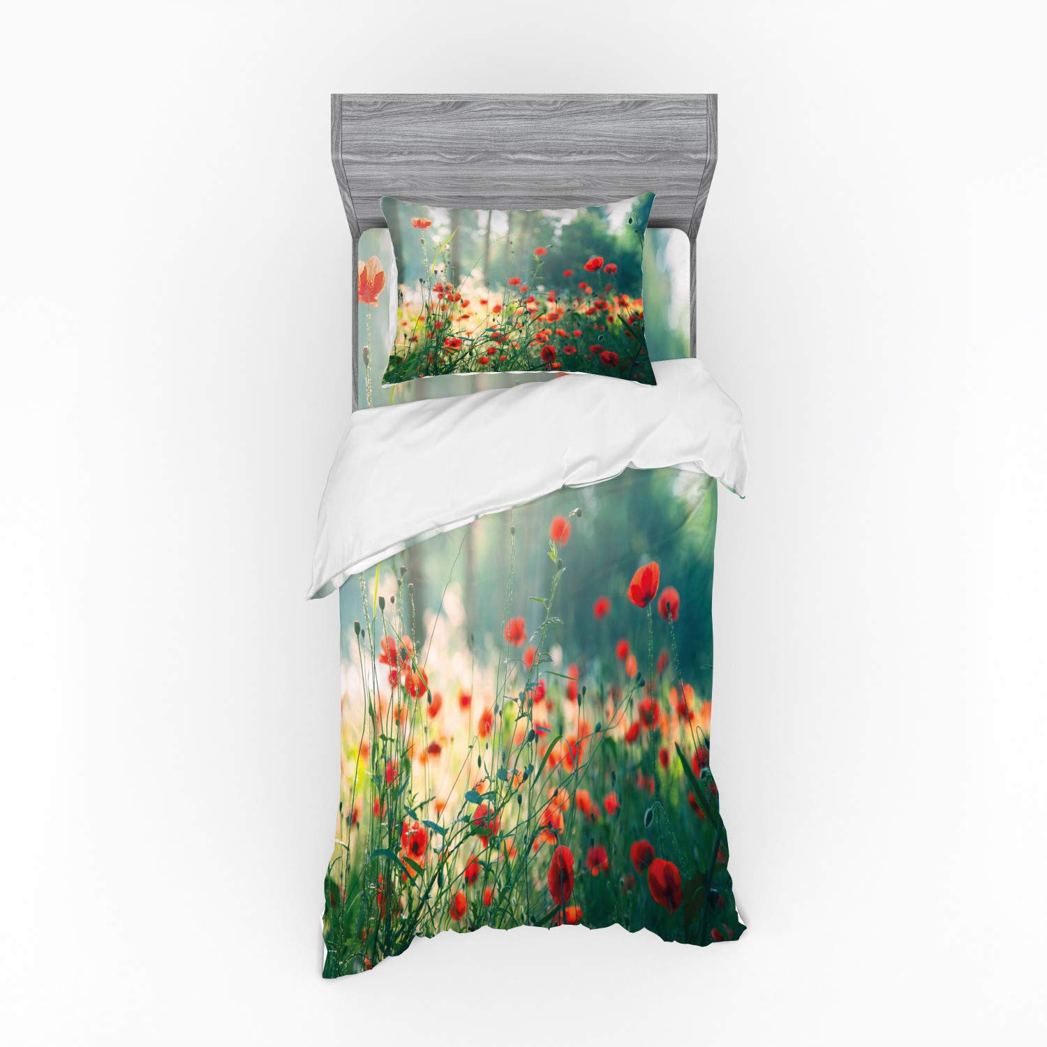 Ambesonne Wild Red Poppy Flowers Duvet Cover Set - 3 Piece Twin Size Bedding with Sham & Fitted Sheet, Red Green Yellow Nature Theme for Summer Gardening Decor | Perfect for Guest Rooms, Dormitories & Floral Enthusiasts