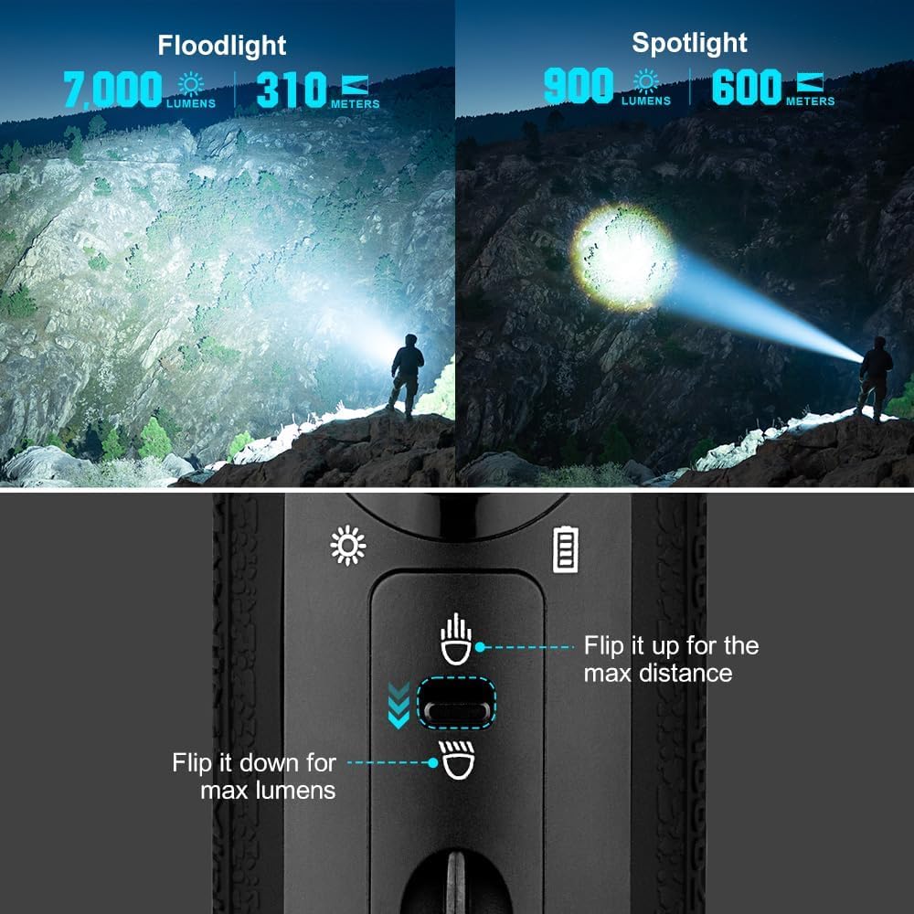 Olight Marauder Mini LED Flashlight - 7000 Lumens Ultra Bright Rechargeable Flashlight with 600m Range | Powerful Floodlight & Spotlight for Camping, Hiking, Emergency, Rescue (Black)